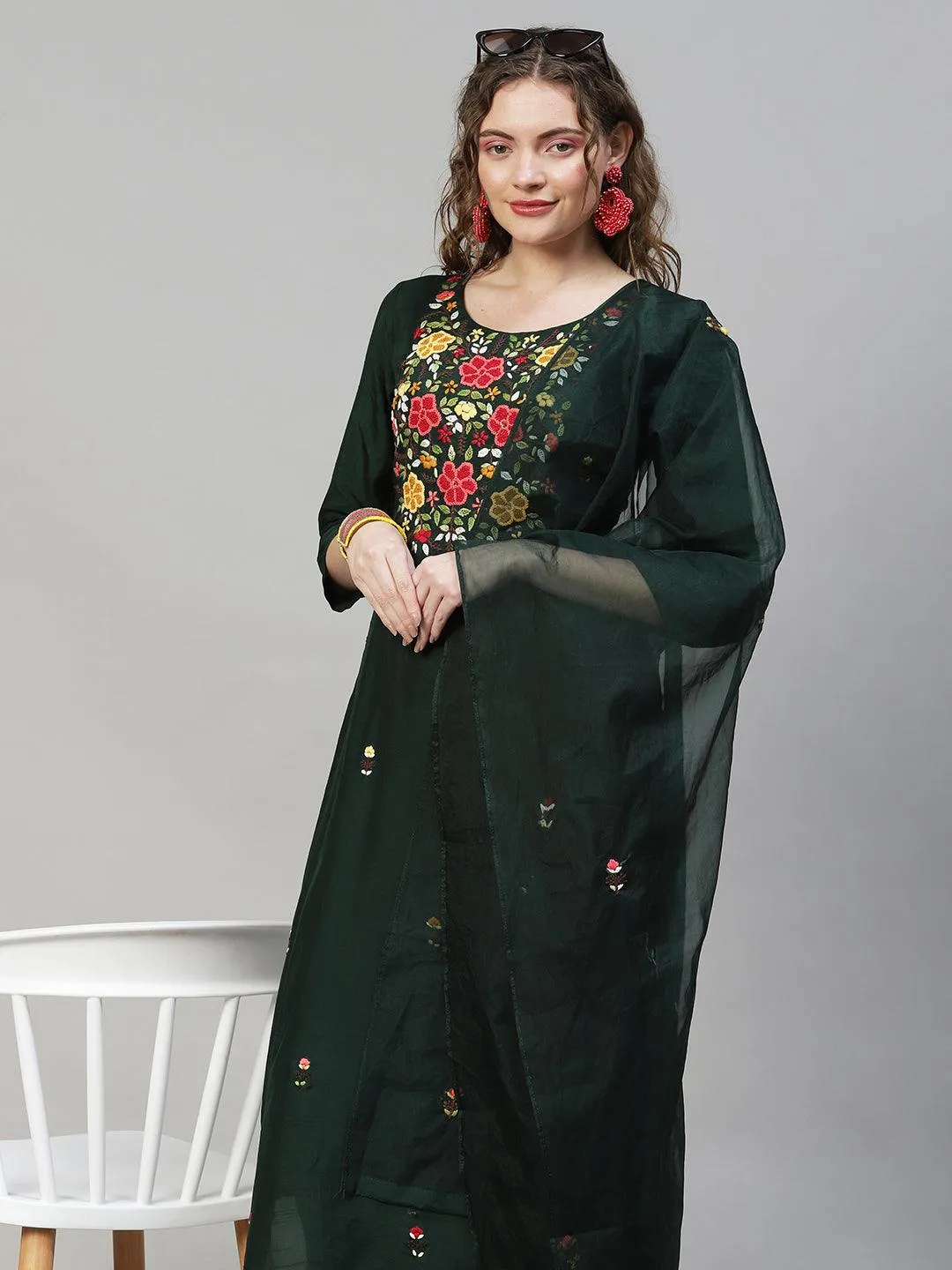 Floral Hand Embroidered Kurta with Pants & Dupatta - Dark Green