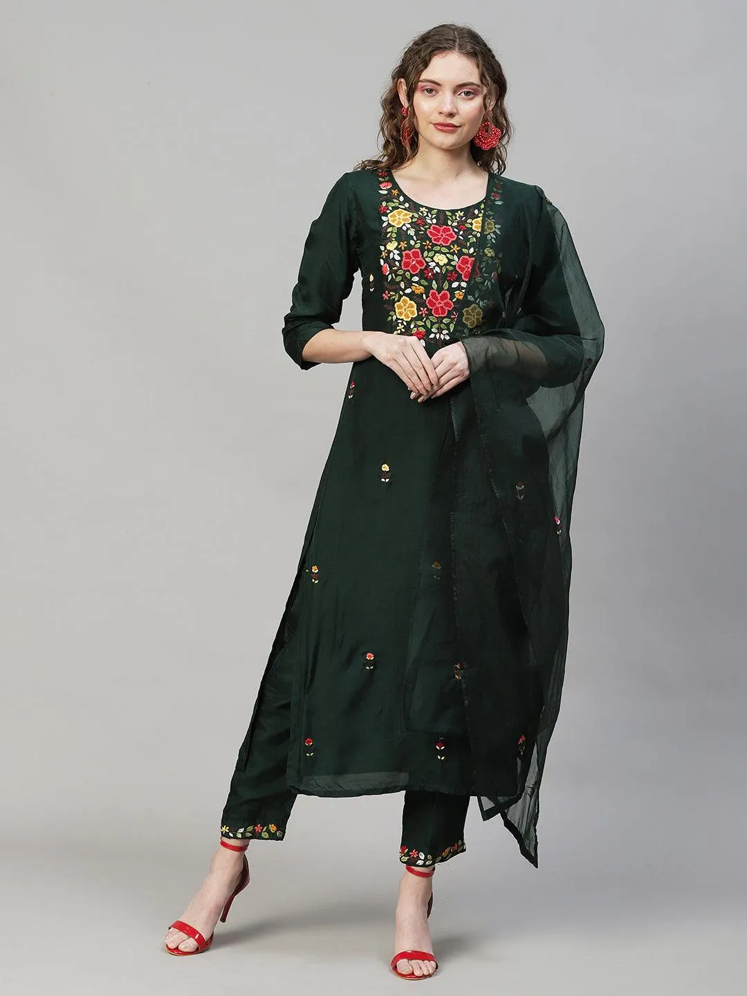 Floral Hand Embroidered Kurta with Pants & Dupatta - Dark Green