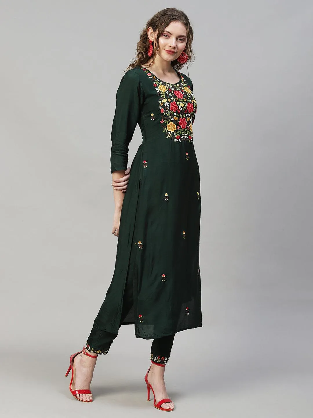 Floral Hand Embroidered Kurta with Pants & Dupatta - Dark Green