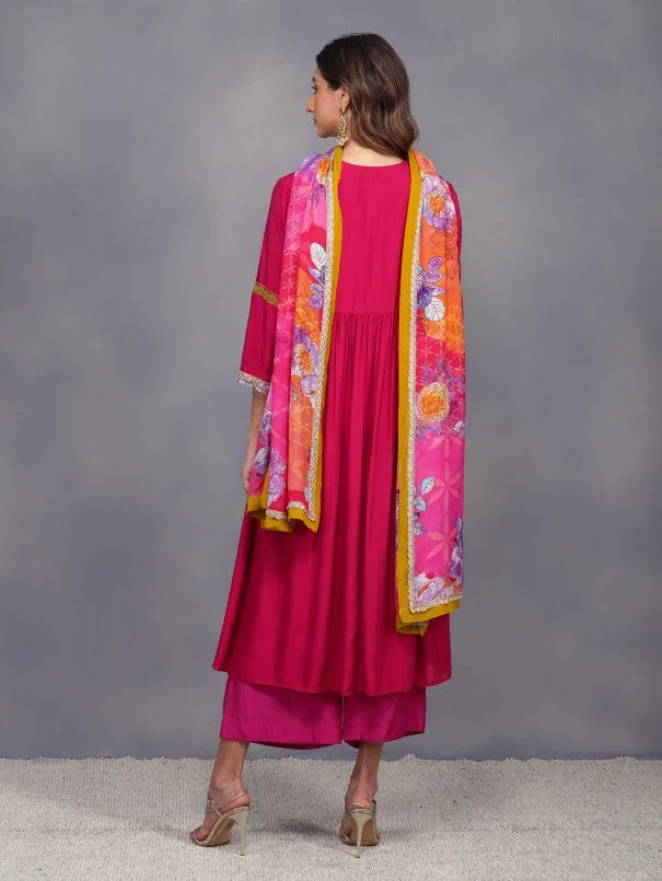 Fuschia Baroque Flower Anarkali Set With Printed Dupatta (Set of 3)