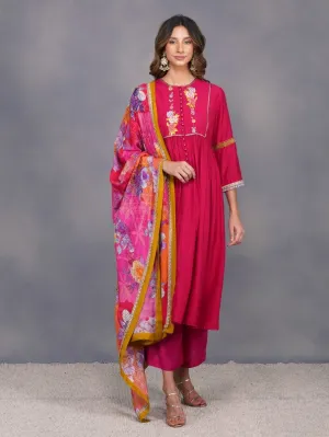 Fuschia Baroque Flower Anarkali Set With Printed Dupatta (Set of 3)