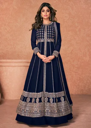 Georgette Embroidered Navy Blue Long Anarkali Gown