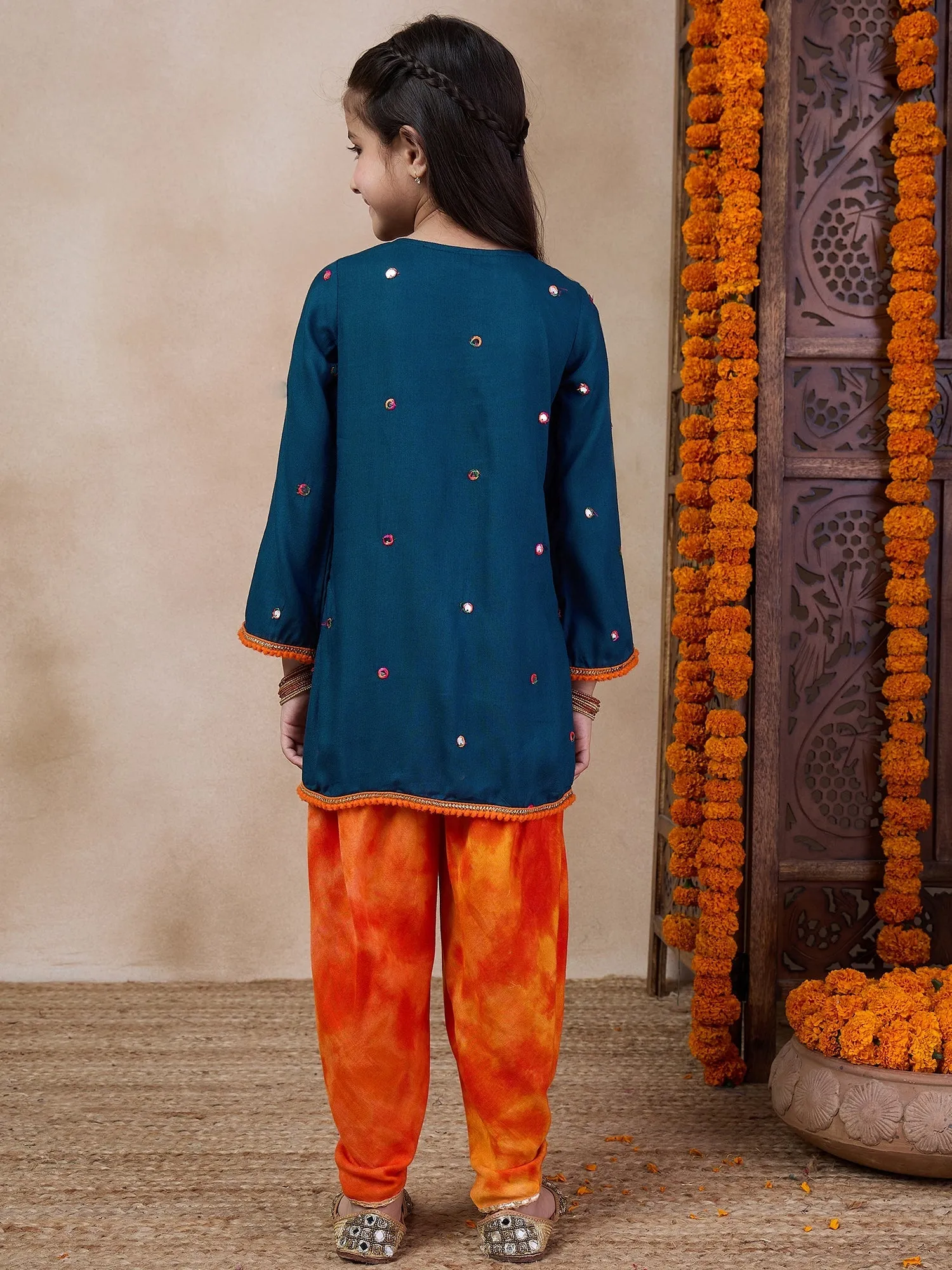 Girls Embroidered Tie-Up Neck Mirror Work A-Line Kurta With Dhoti Pants