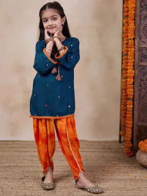 Girls Embroidered Tie-Up Neck Mirror Work A-Line Kurta With Dhoti Pants