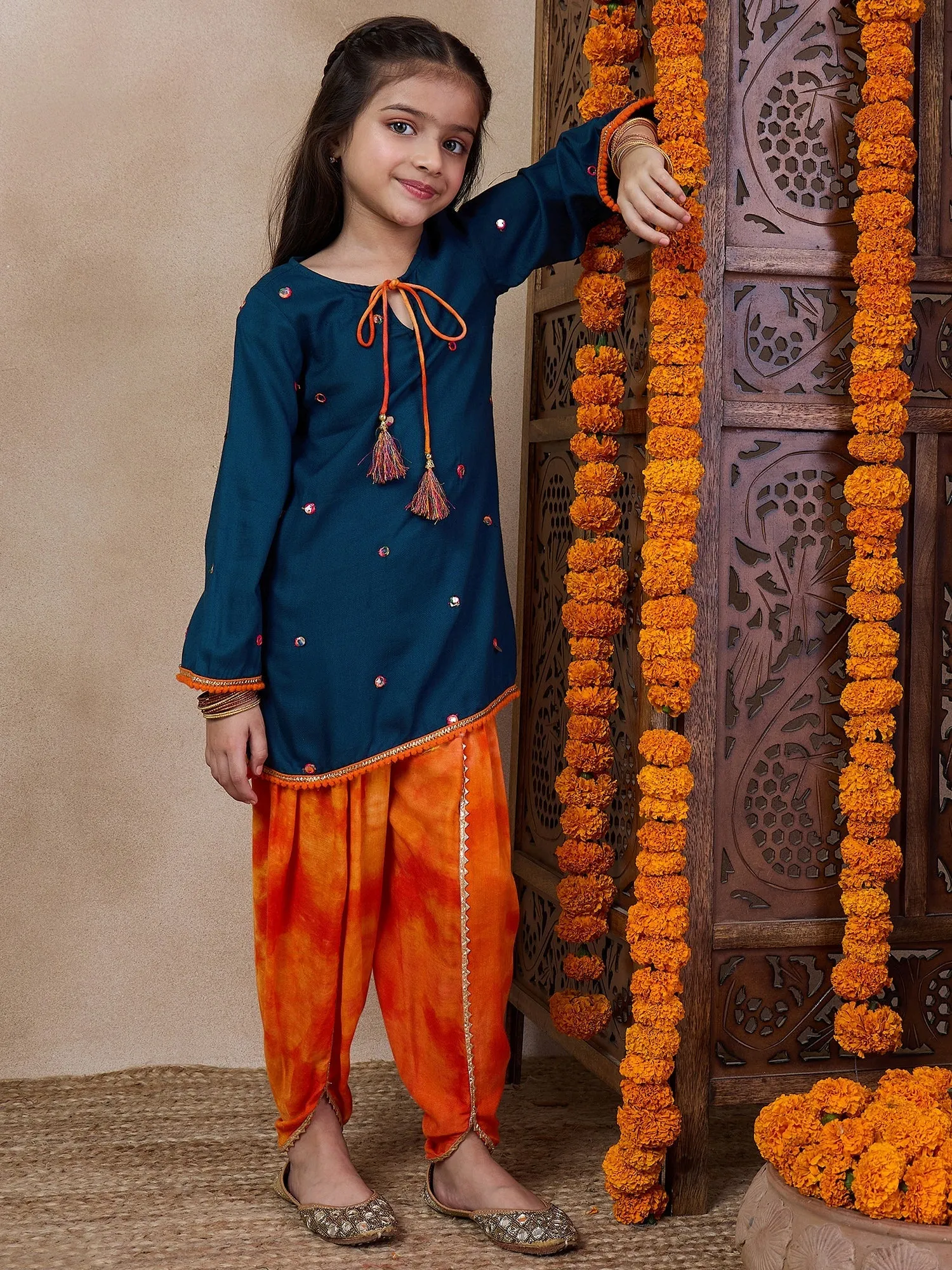 Girls Embroidered Tie-Up Neck Mirror Work A-Line Kurta With Dhoti Pants