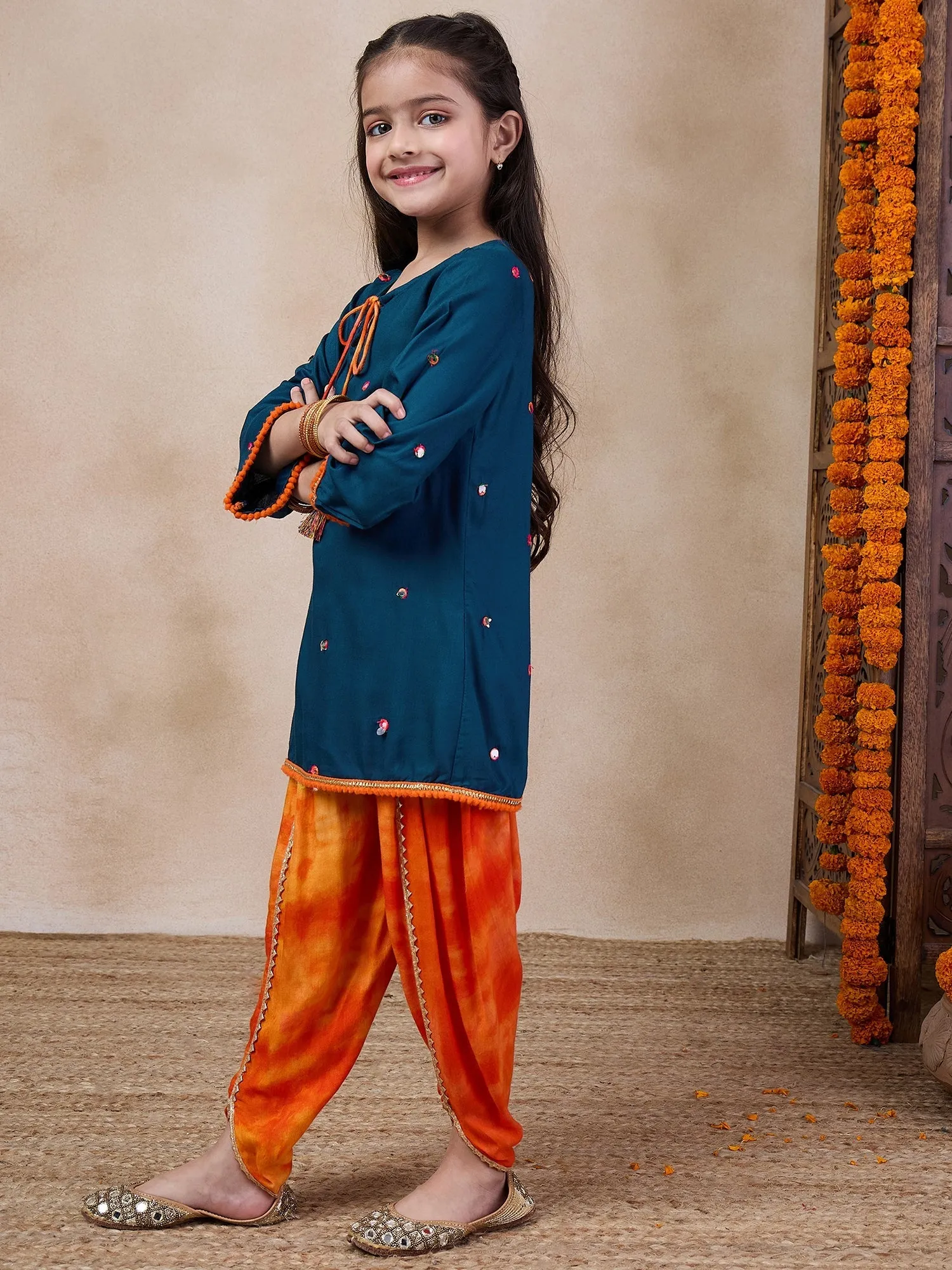 Girls Embroidered Tie-Up Neck Mirror Work A-Line Kurta With Dhoti Pants