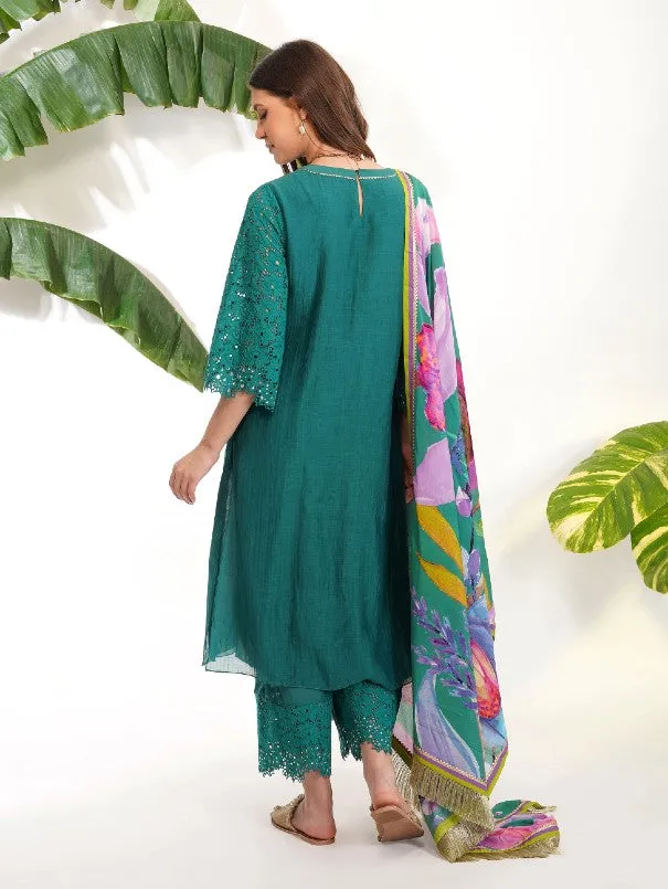 Green Broderie Anglaise Kurta Set (Set of 3)