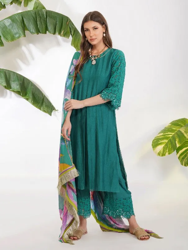 Green Broderie Anglaise Kurta Set (Set of 3)