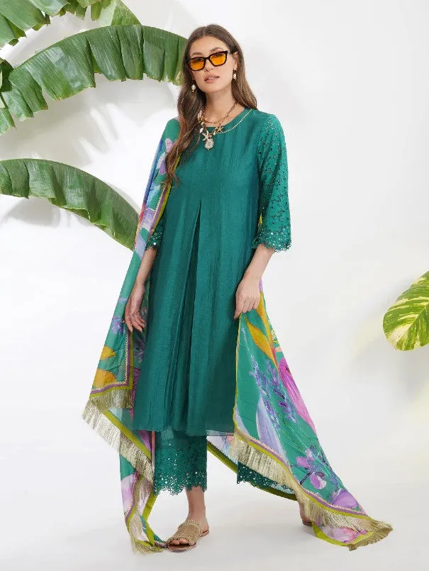 Green Broderie Anglaise Kurta Set (Set of 3)