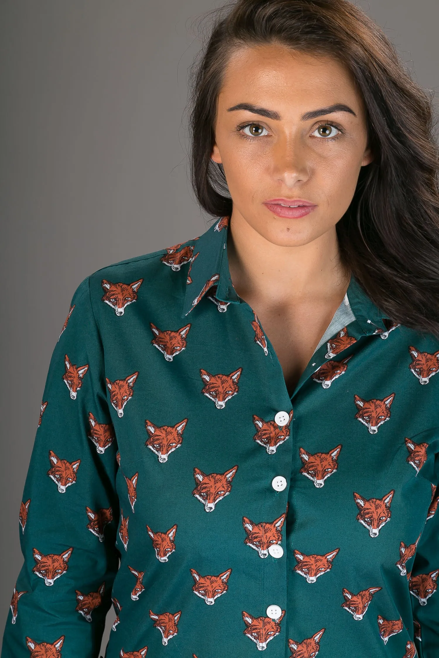 Green Fox Print Cotton Slim Fit Womens Shirt Long Sleeve