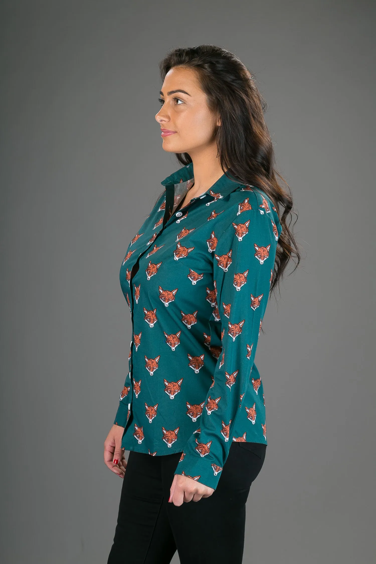 Green Fox Print Cotton Slim Fit Womens Shirt Long Sleeve