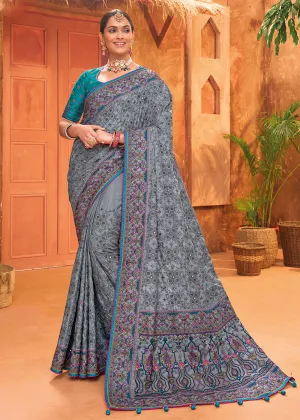 Grey Hand Work Embroidered Traditional Banarasi Silk Saree