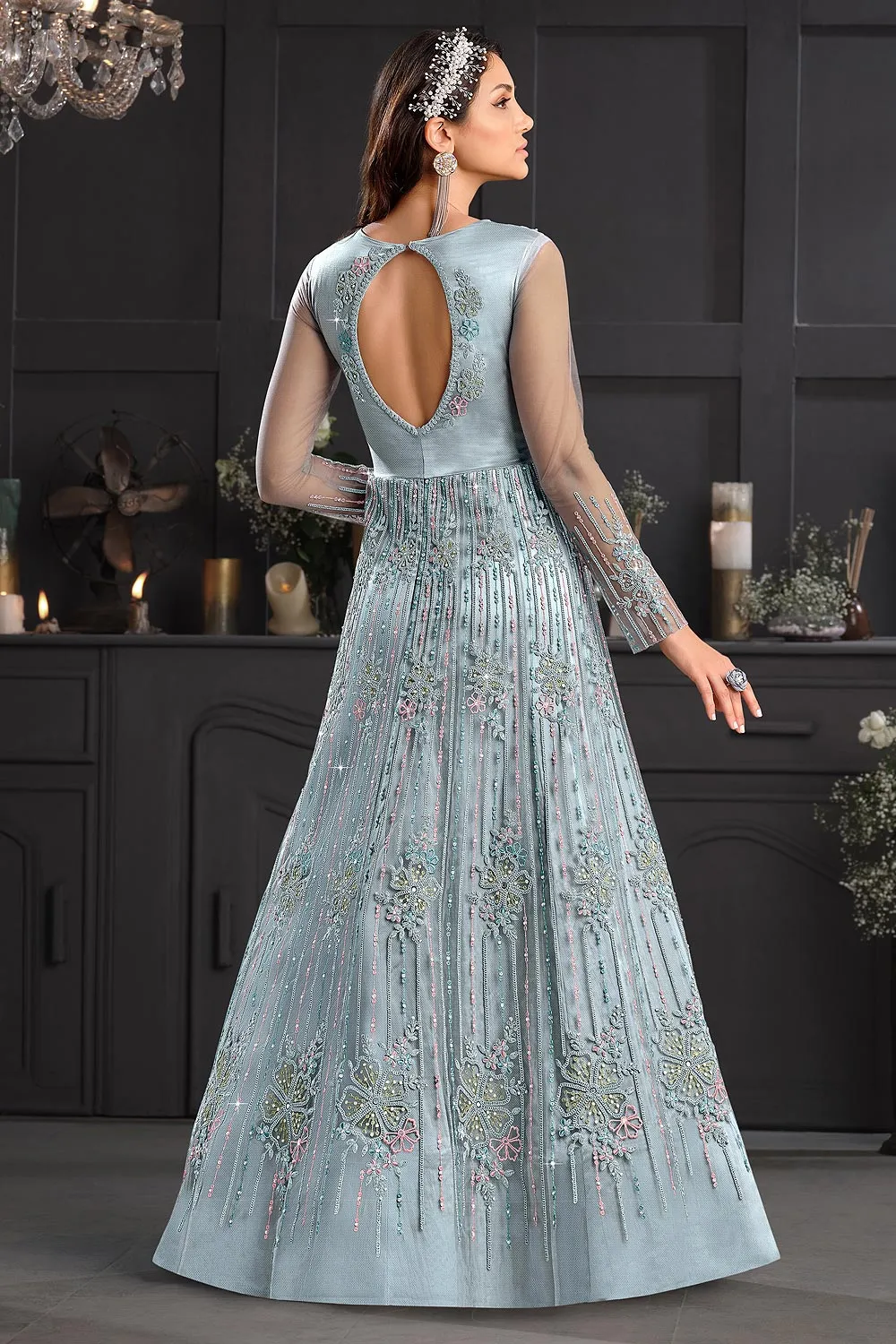 Greyish Blue Butterfly Net Wedding Anarkali Suit