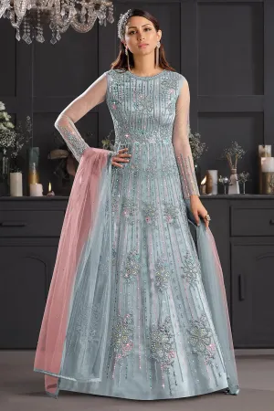 Greyish Blue Butterfly Net Wedding Anarkali Suit