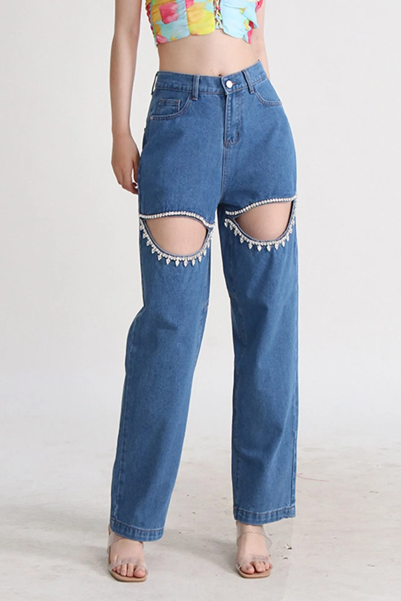 High Rise Beading Cutout Straight Denim Jeans