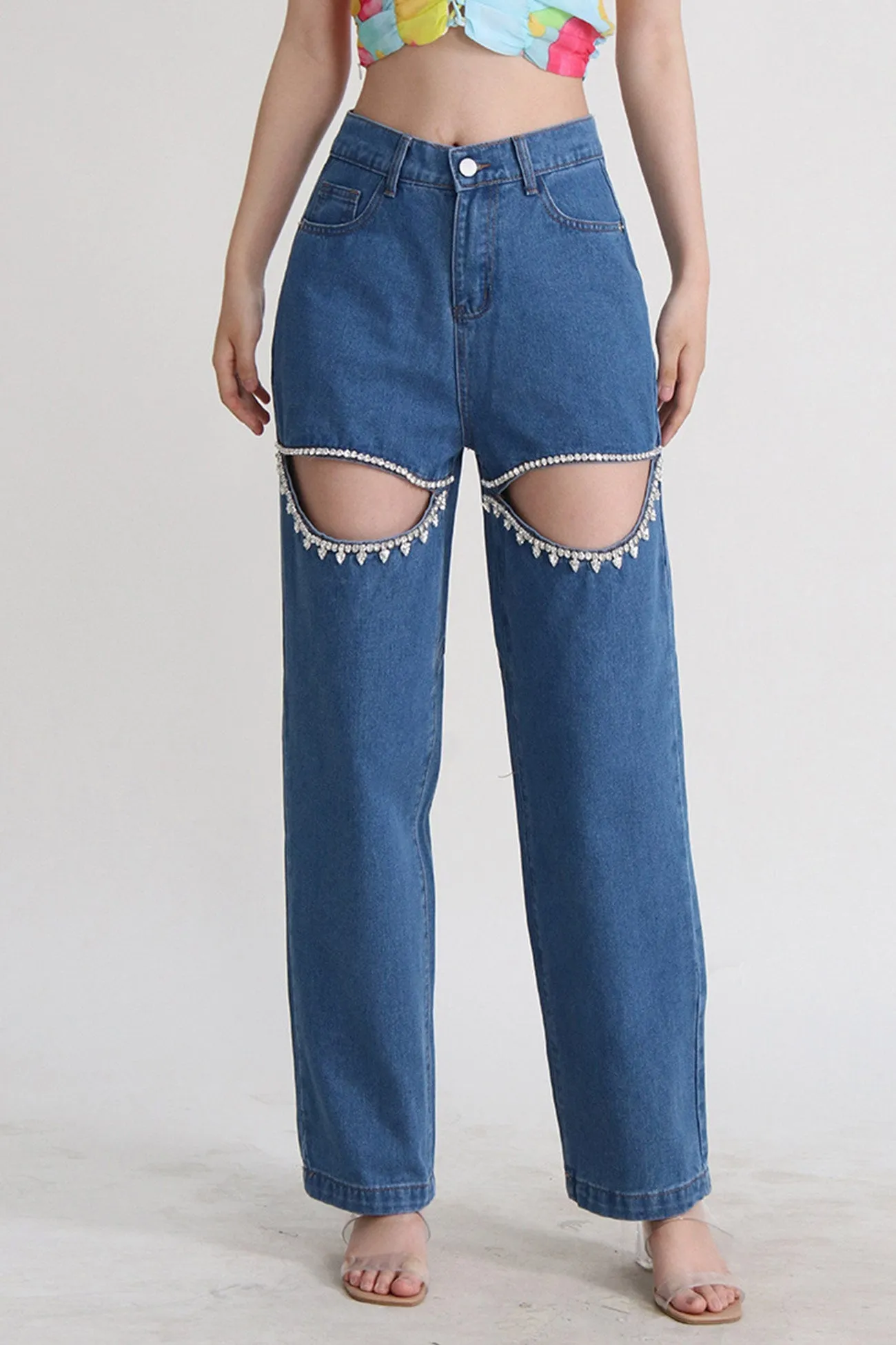 High Rise Beading Cutout Straight Denim Jeans