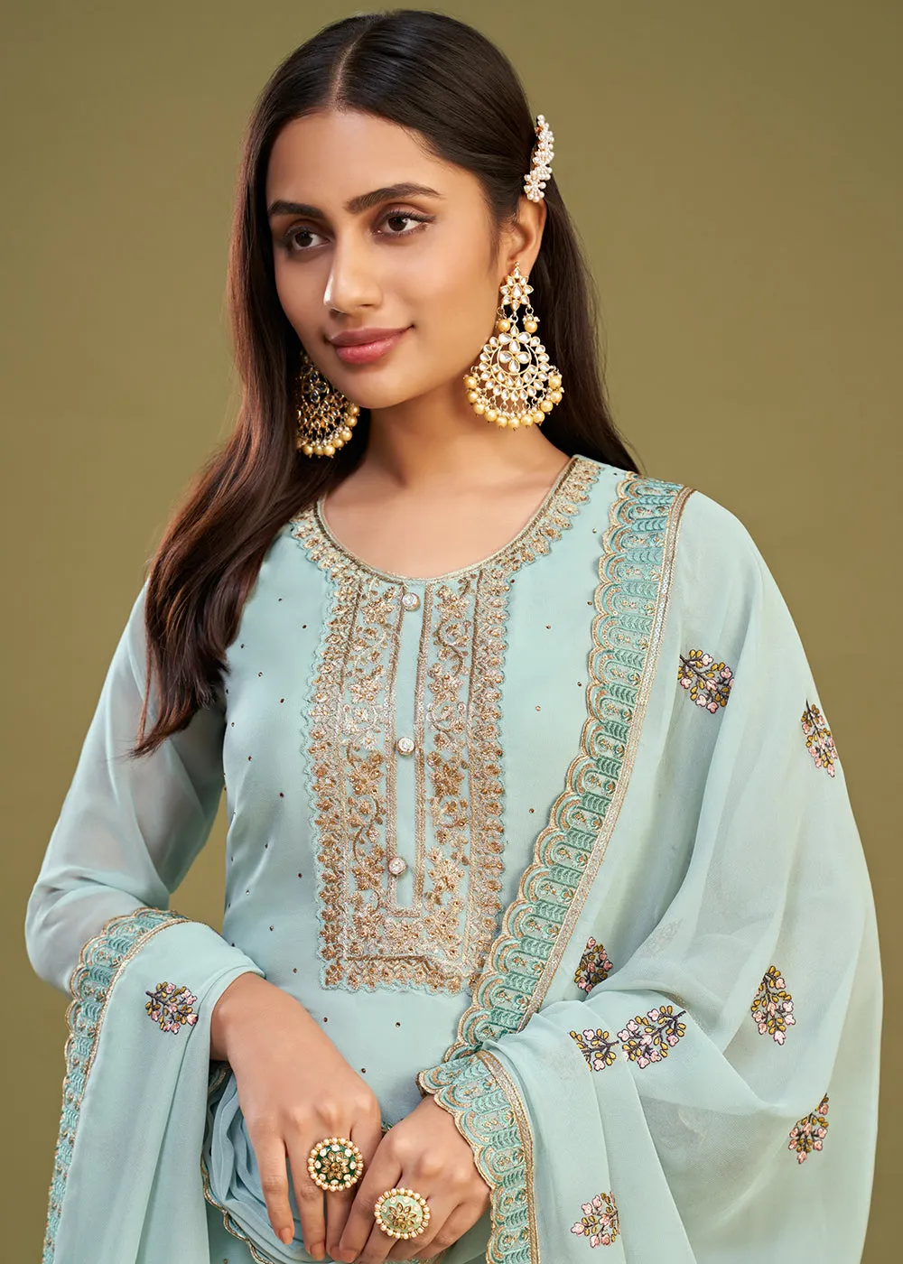 Ice Blue Swarovski Work & Embroidered Eid Wear Salwar Suit