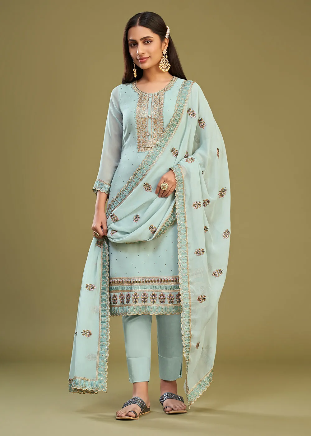 Ice Blue Swarovski Work & Embroidered Eid Wear Salwar Suit