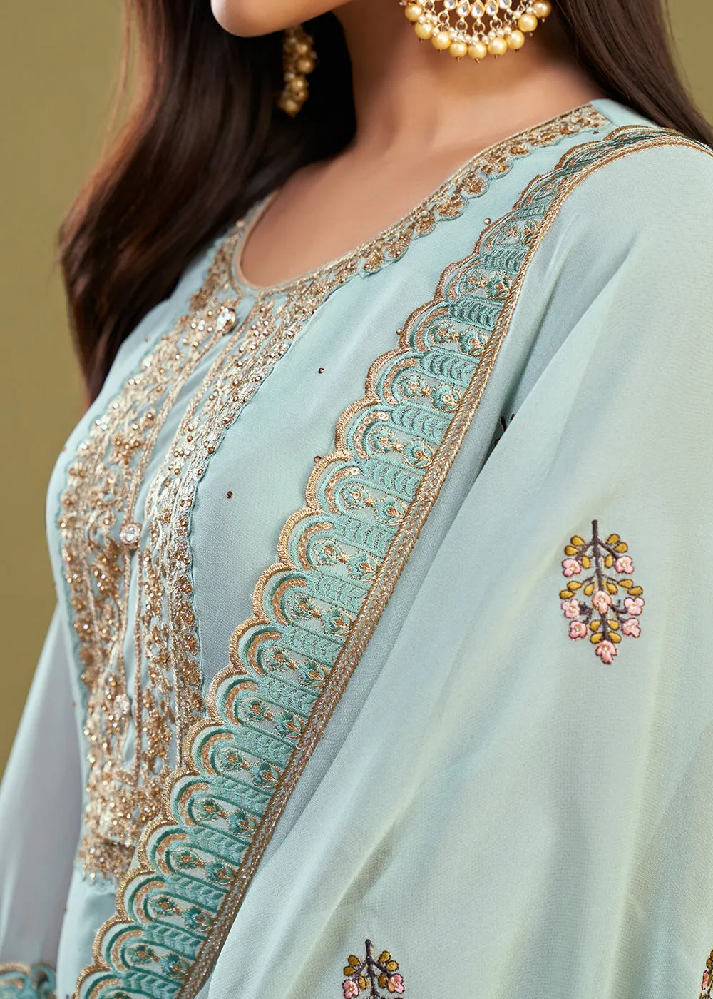 Ice Blue Swarovski Work & Embroidered Eid Wear Salwar Suit