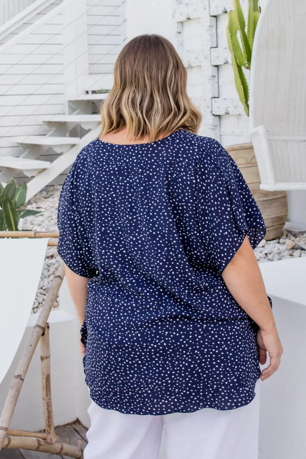 Kaftan Top - Navy Messy Polka