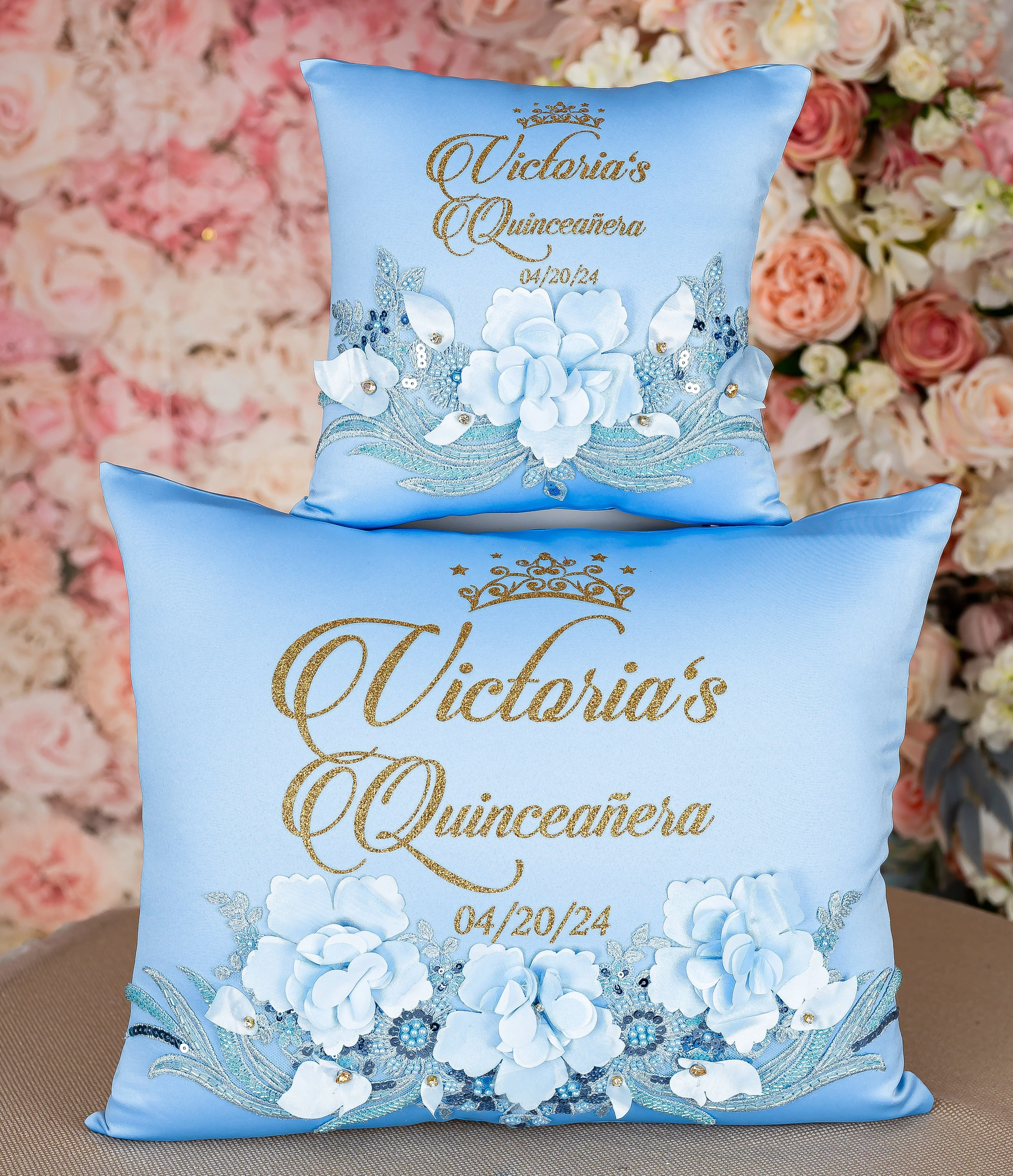 Light Blue Gold  quinceanera bouquet 9 inches