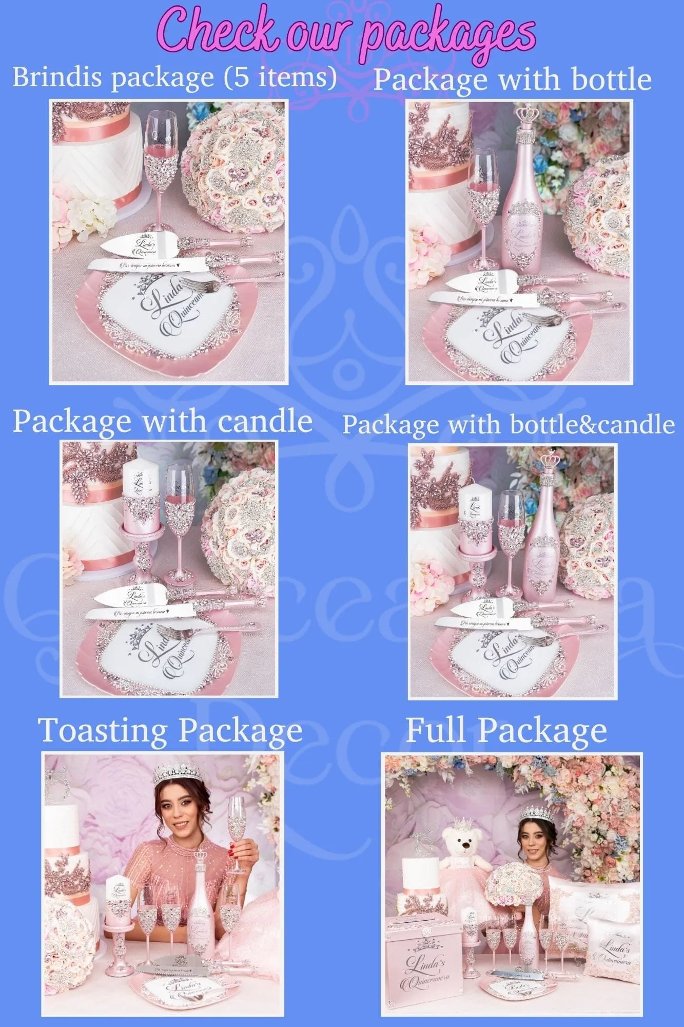 Light Blue Gold quinceanera brindis package with bottle and candle