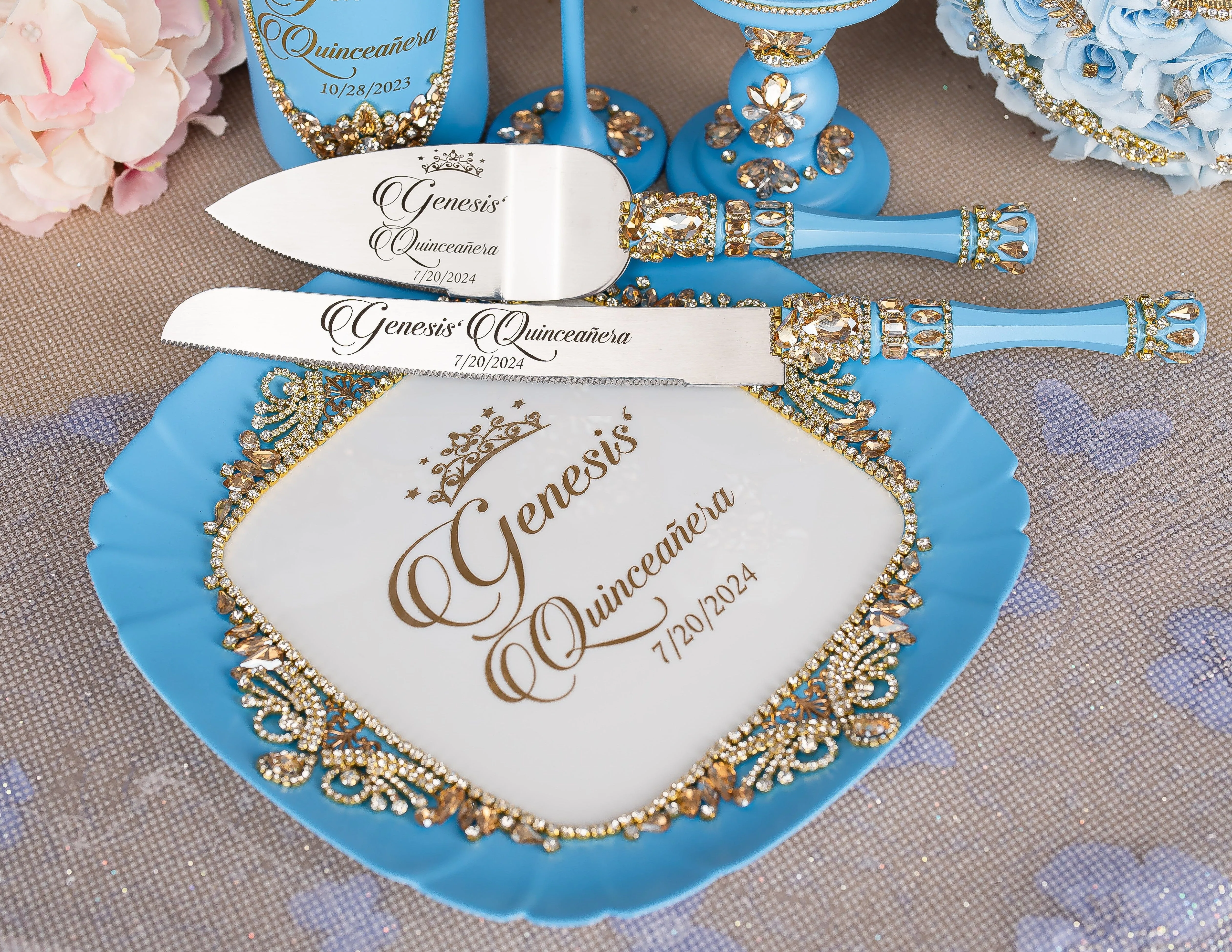 Light Blue Gold quinceanera brindis package with bottle and candle