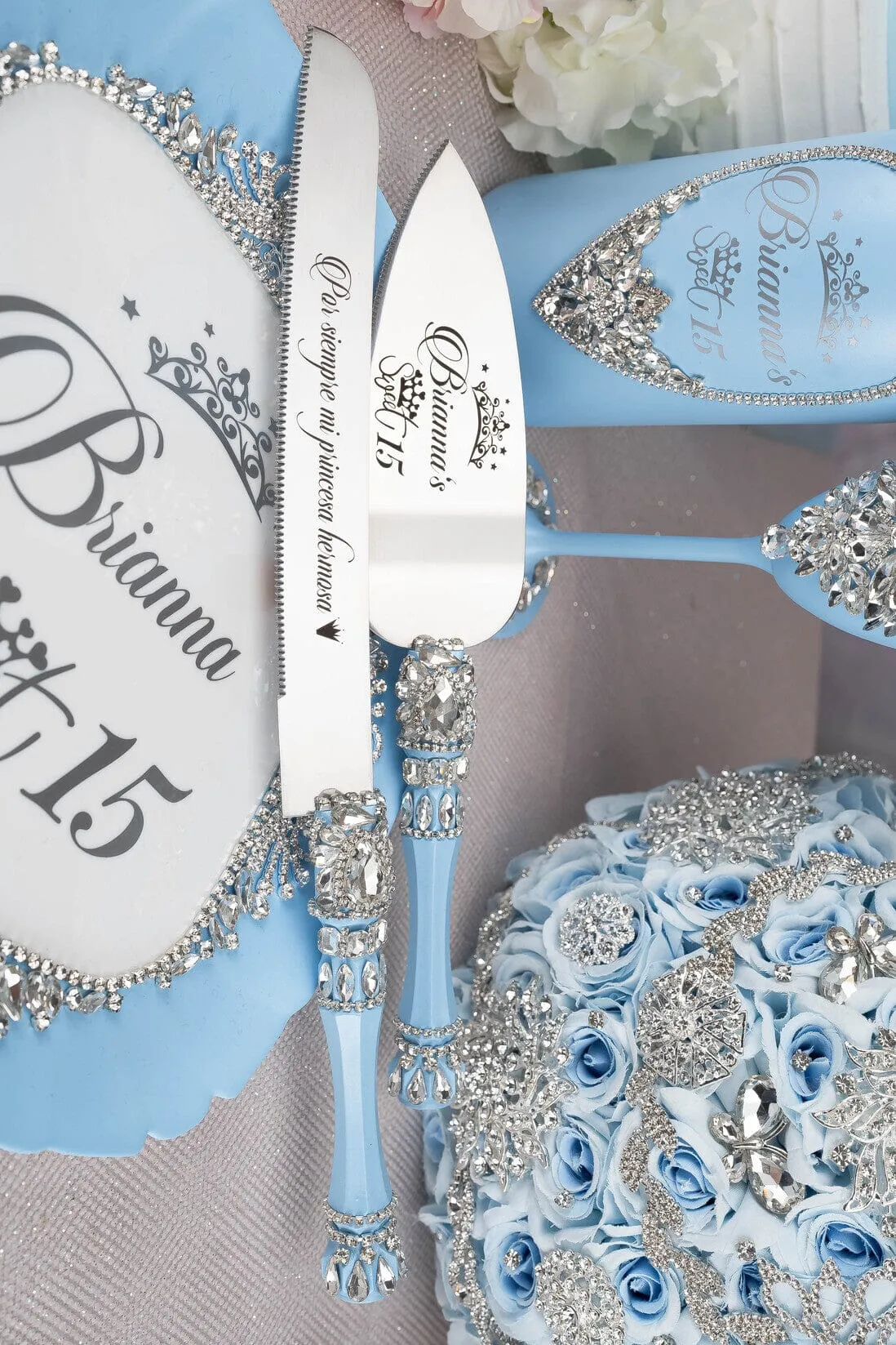 Light blue quinceanera cake knife and server