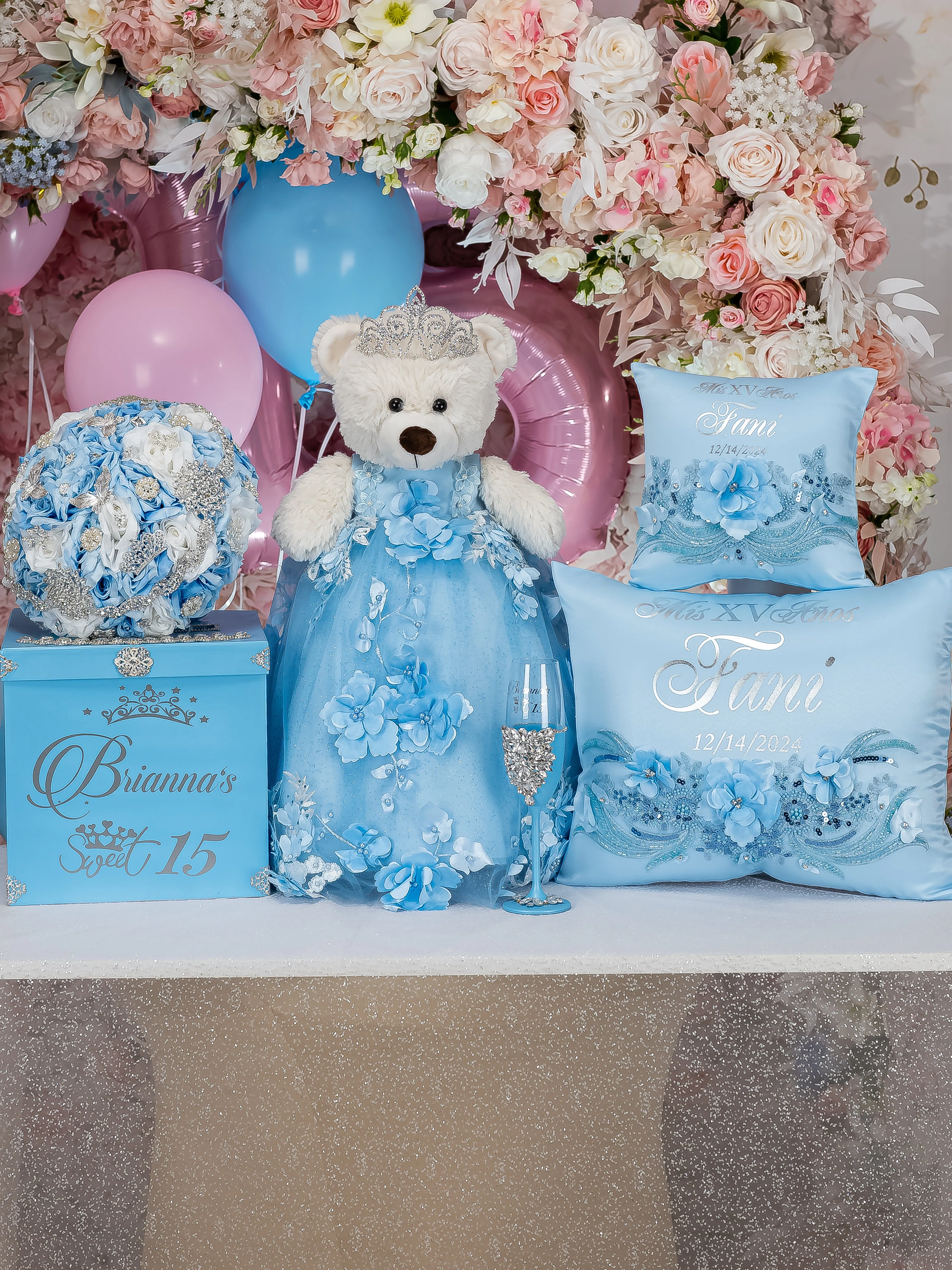 Light Blue Quinceanera pillows set and teddy bear