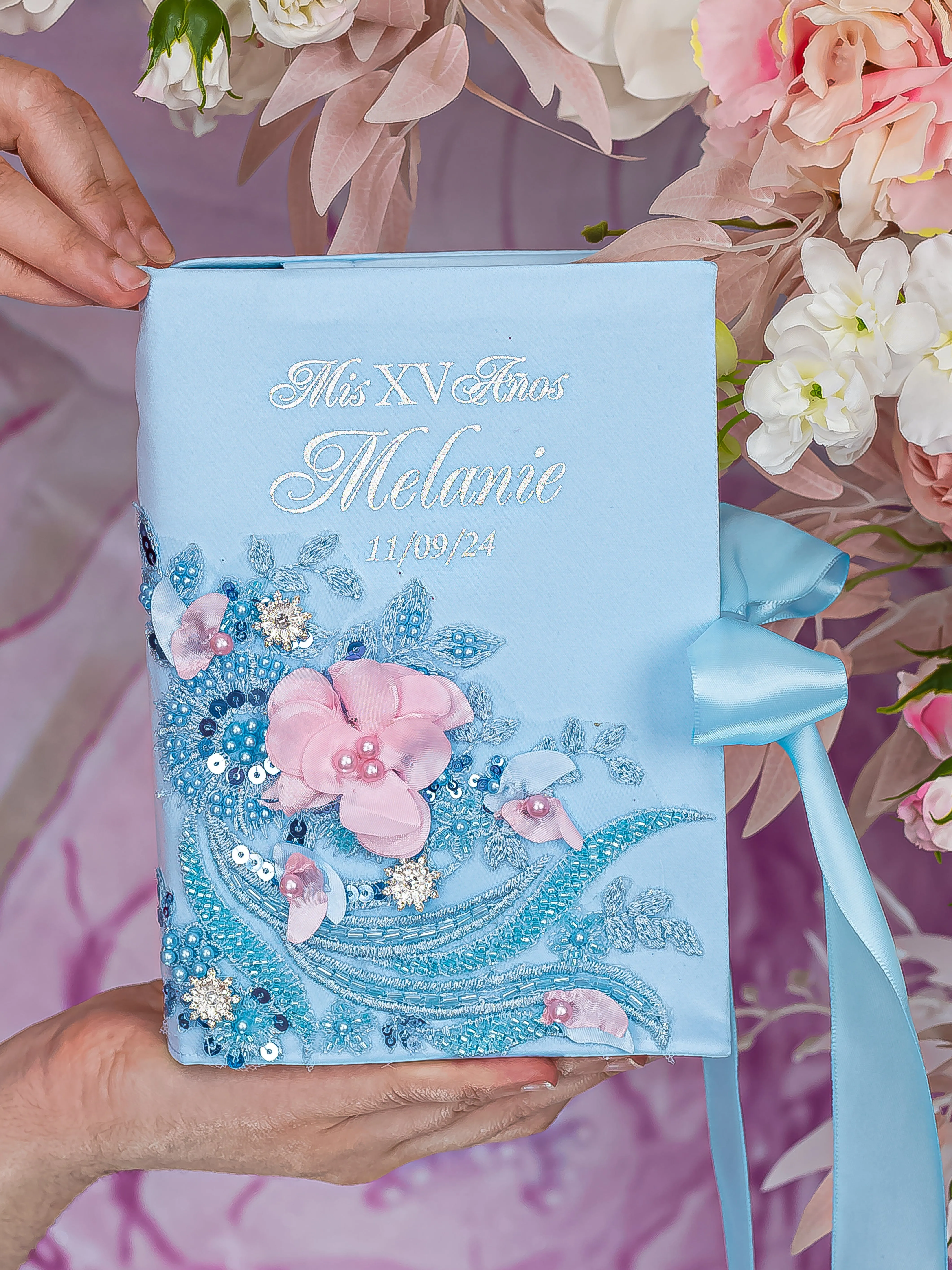 Light blue with Pink Quinceanera bible and guest book