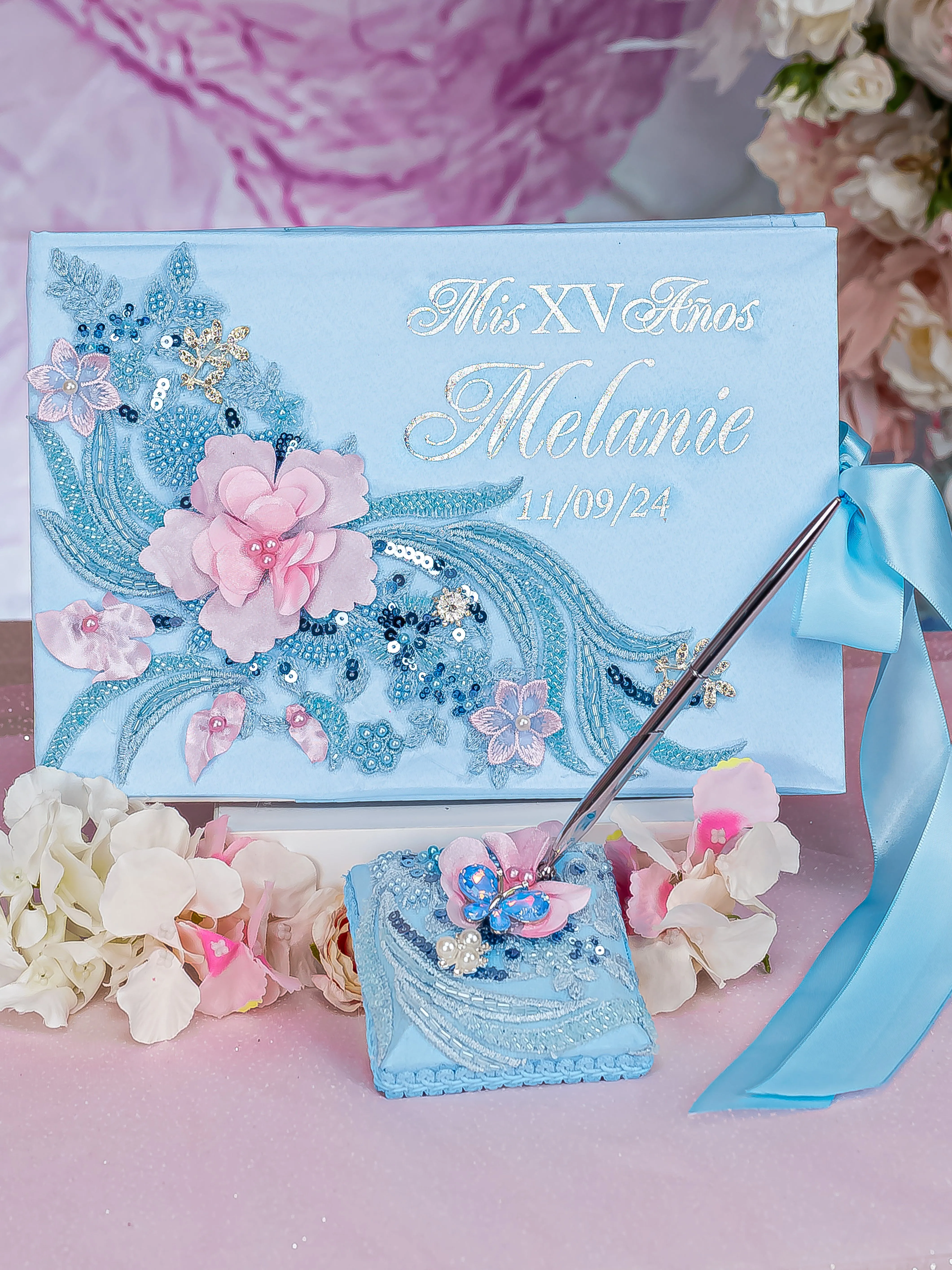 Light blue with Pink Quinceanera bible and guest book