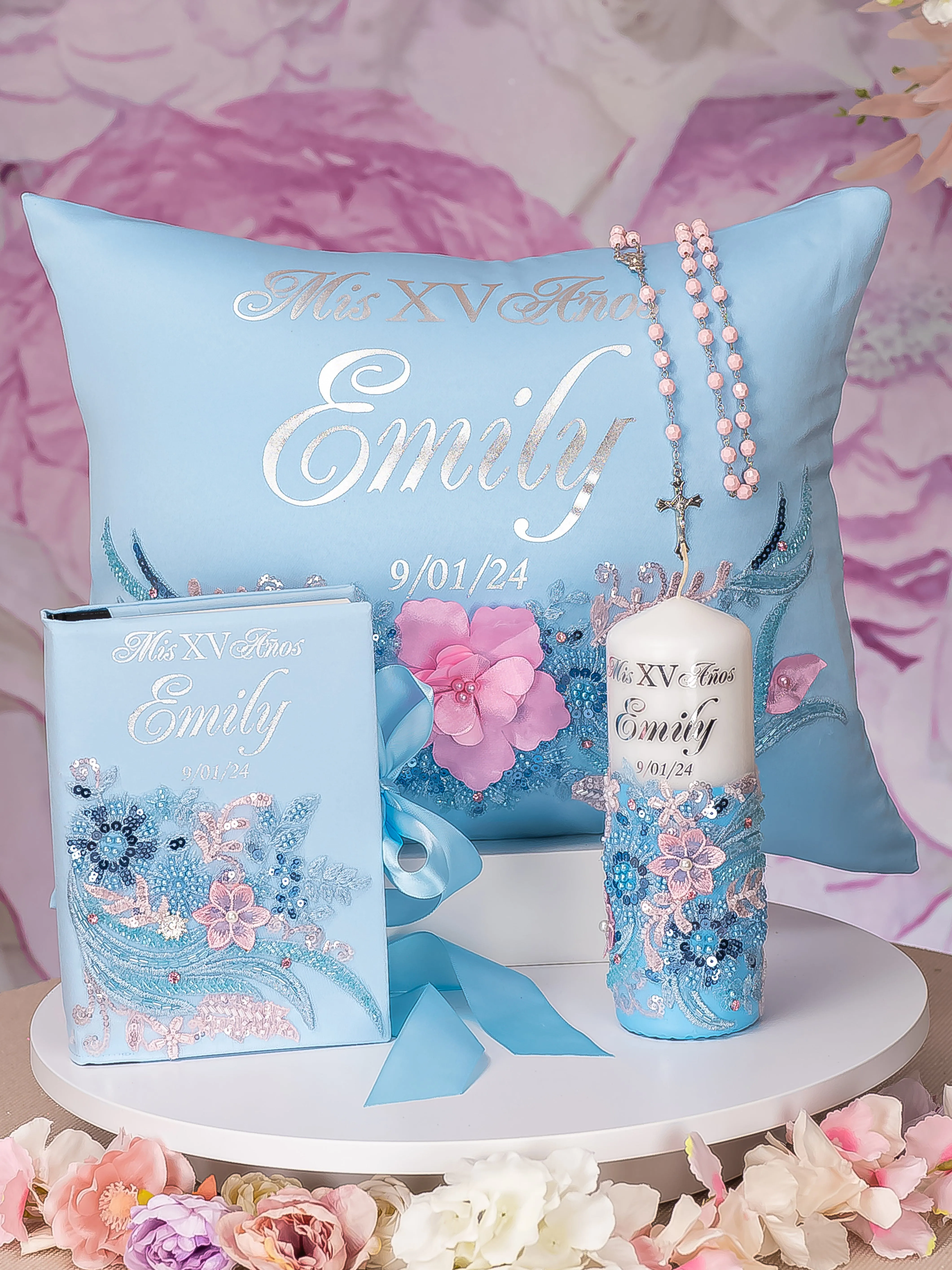 Light Blue with Pink Quinceanera pillows set, bible, candle and Kitty