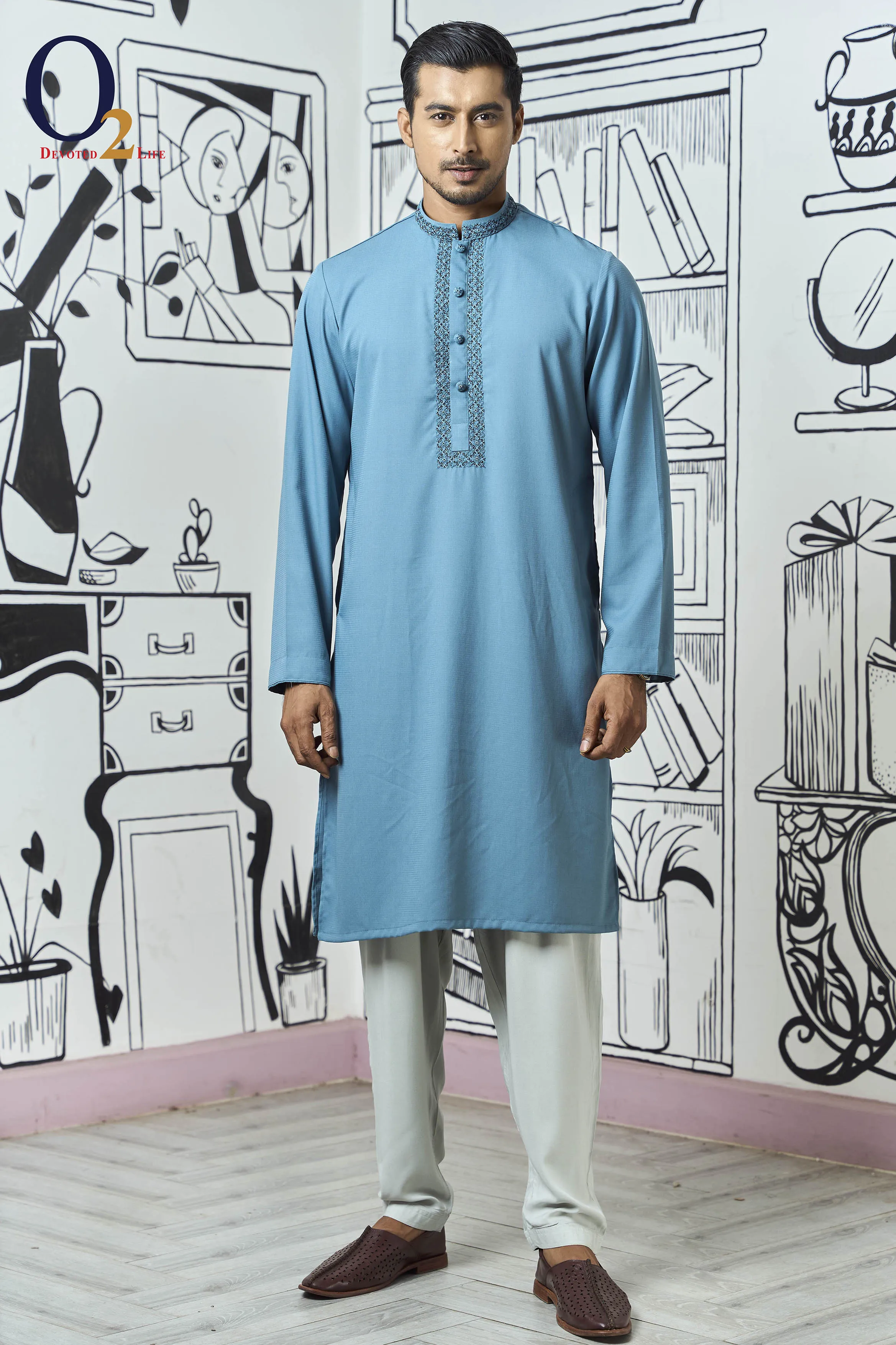 Light blue Zardozi Work Classic Fit Panjabi