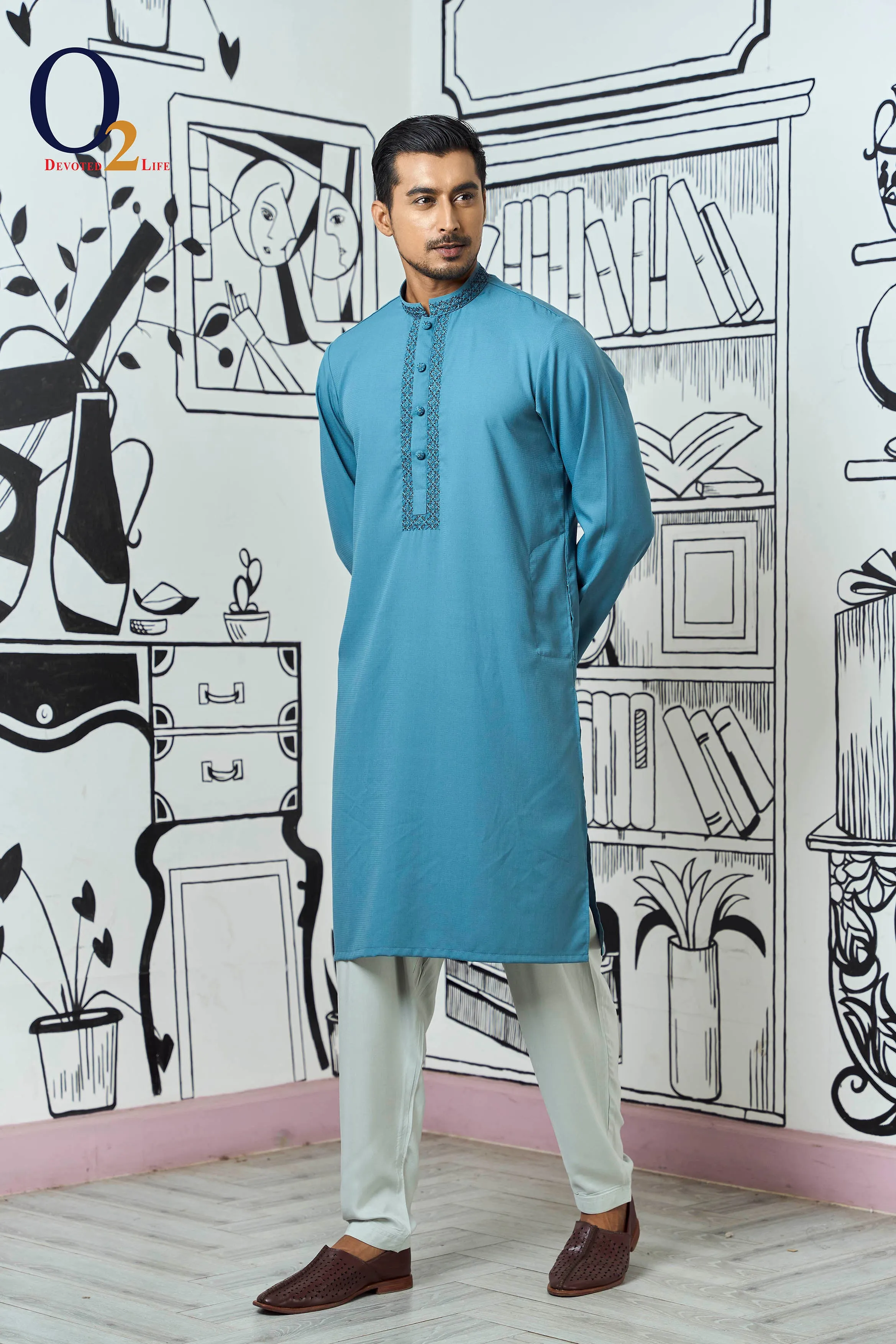 Light blue Zardozi Work Classic Fit Panjabi