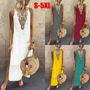 Loose Cotton And Linen Bohemian Sexy Sleeveless V Neck Side Slit Dress Women