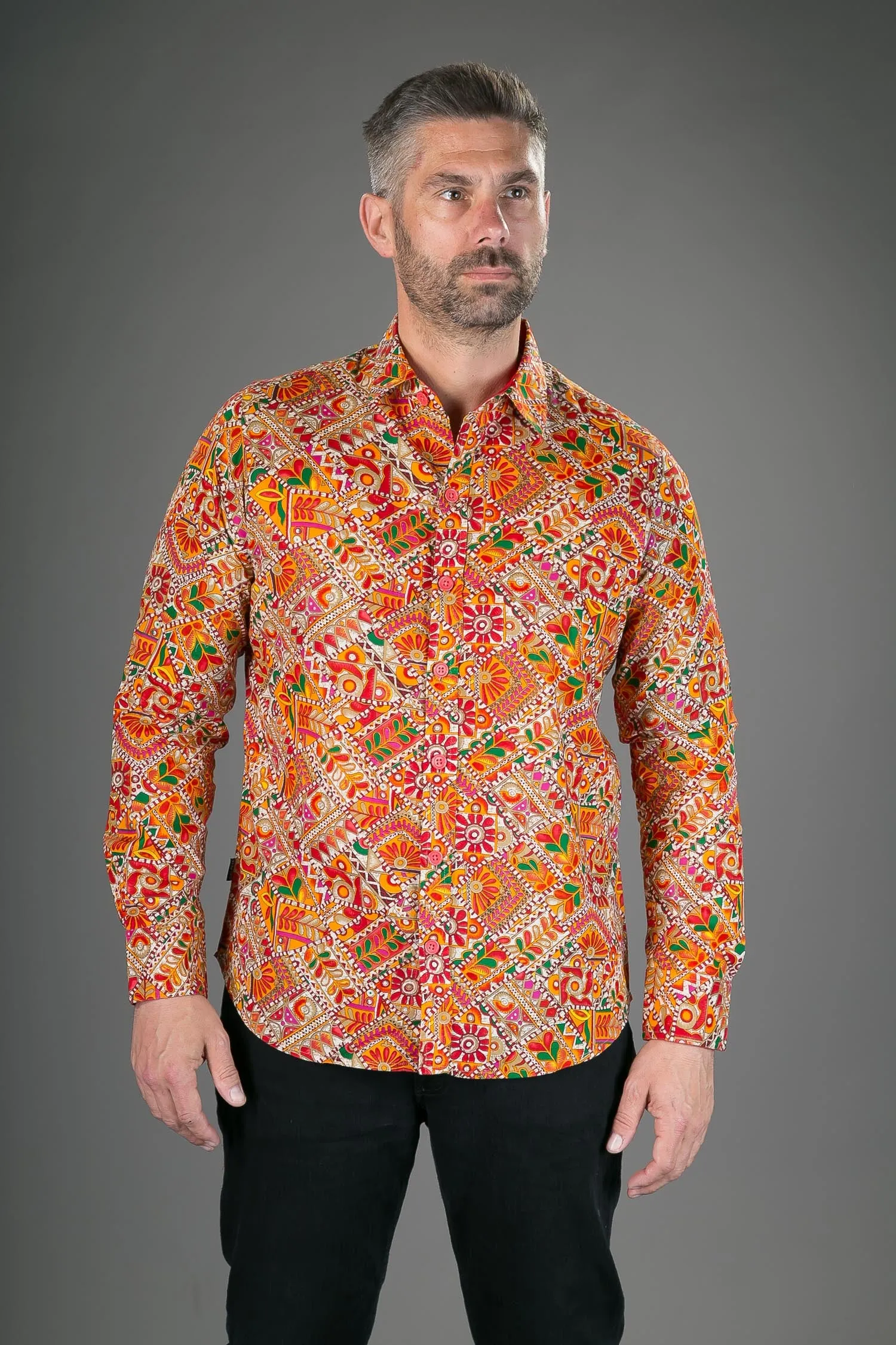 Orange Multi Colour Print Cotton Slim fit Long-Sleeve Mens Shirt