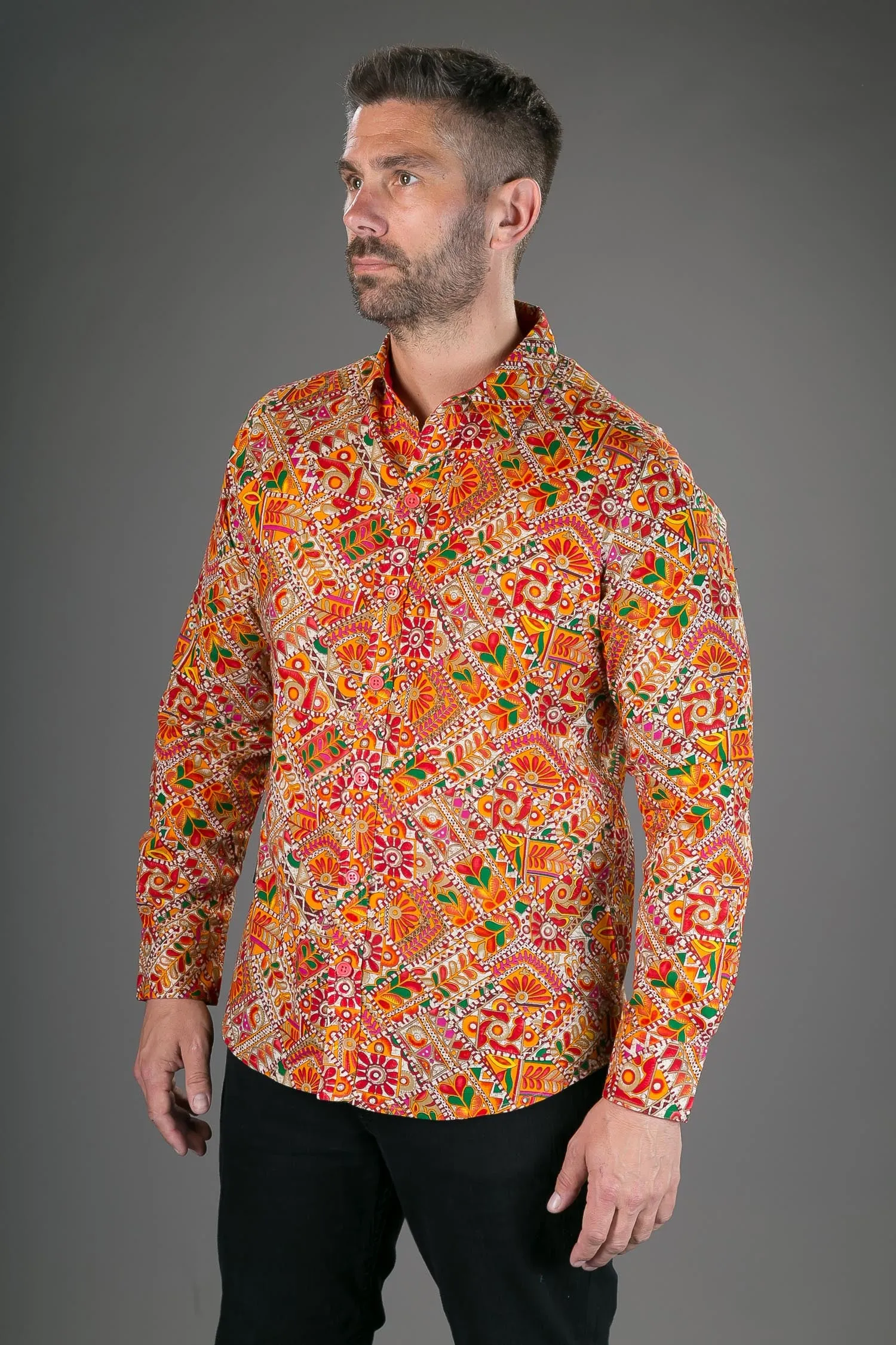 Orange Multi Colour Print Cotton Slim fit Long-Sleeve Mens Shirt