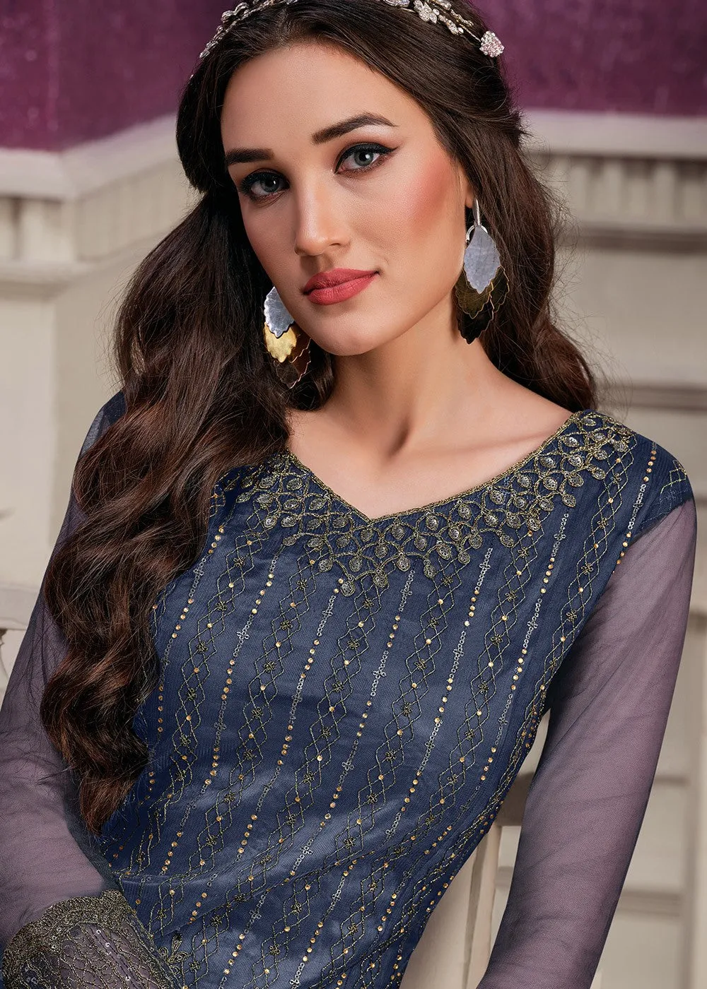 Pant Style Blue Sequins Embroidered Designer Suit