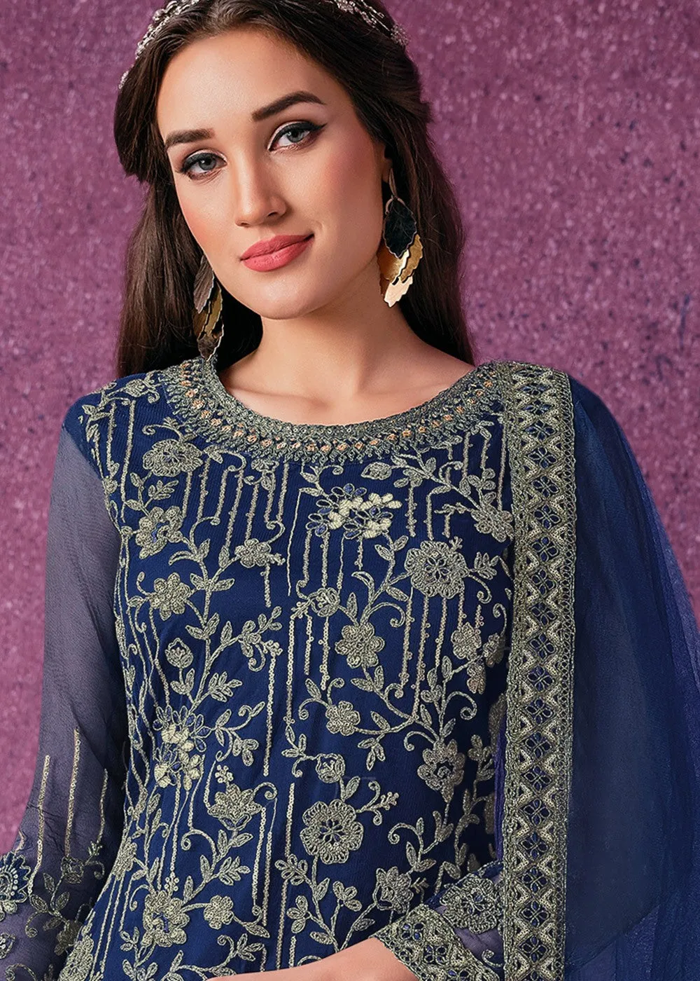 Pant Style Navy Blue Sequins Embroidered Designer Suit