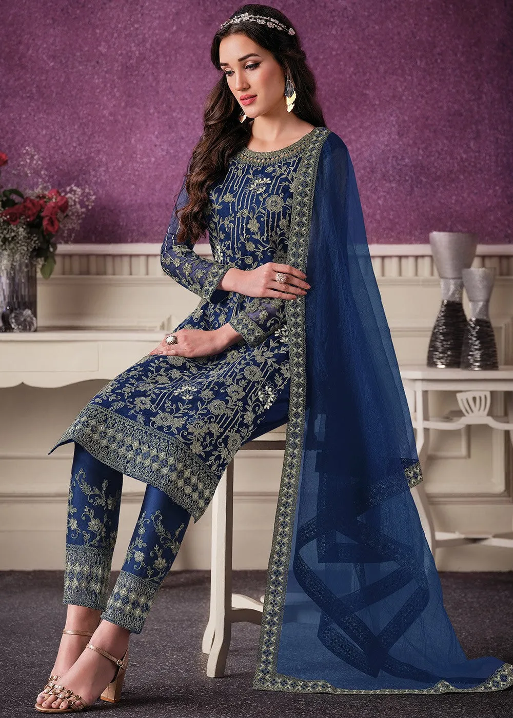 Pant Style Navy Blue Sequins Embroidered Designer Suit