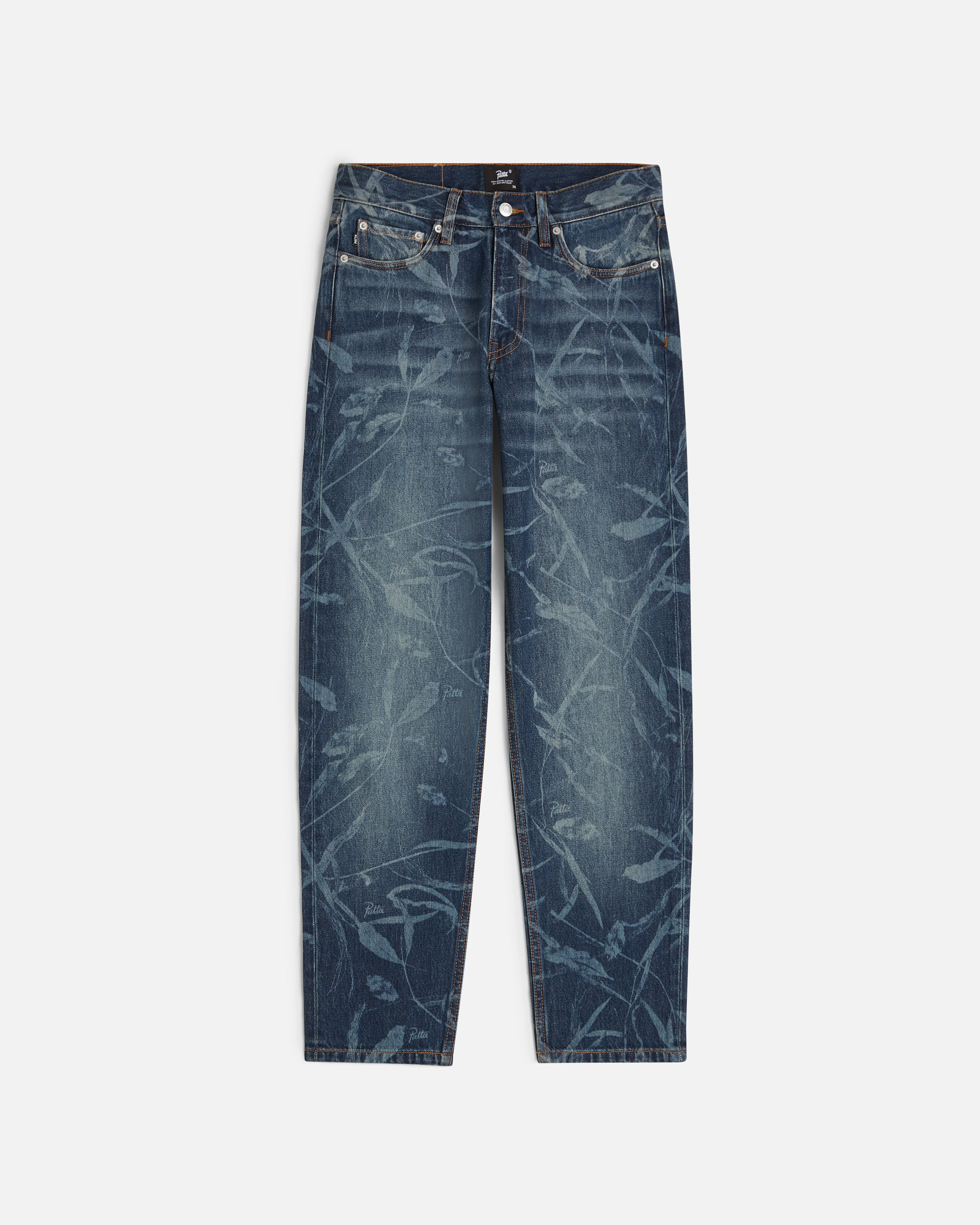 Patta Leaves Laser Print Denim Pants (Blue Denim )