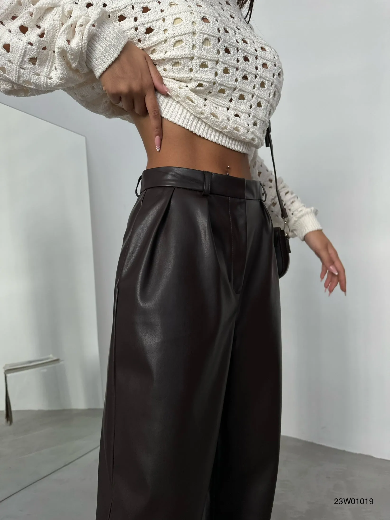 Pleated Wide Leg Leather Pants