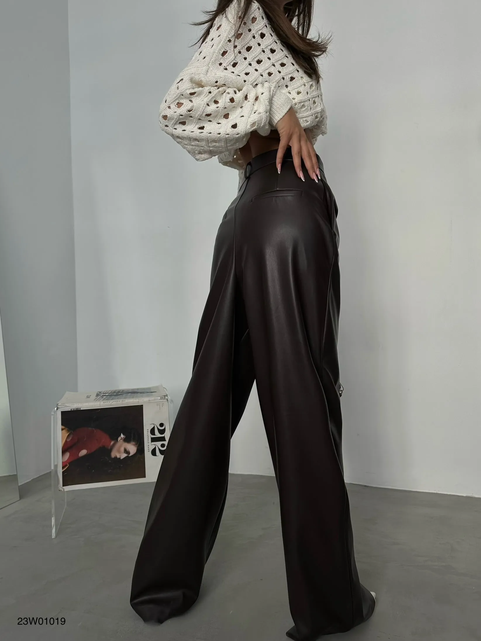 Pleated Wide Leg Leather Pants