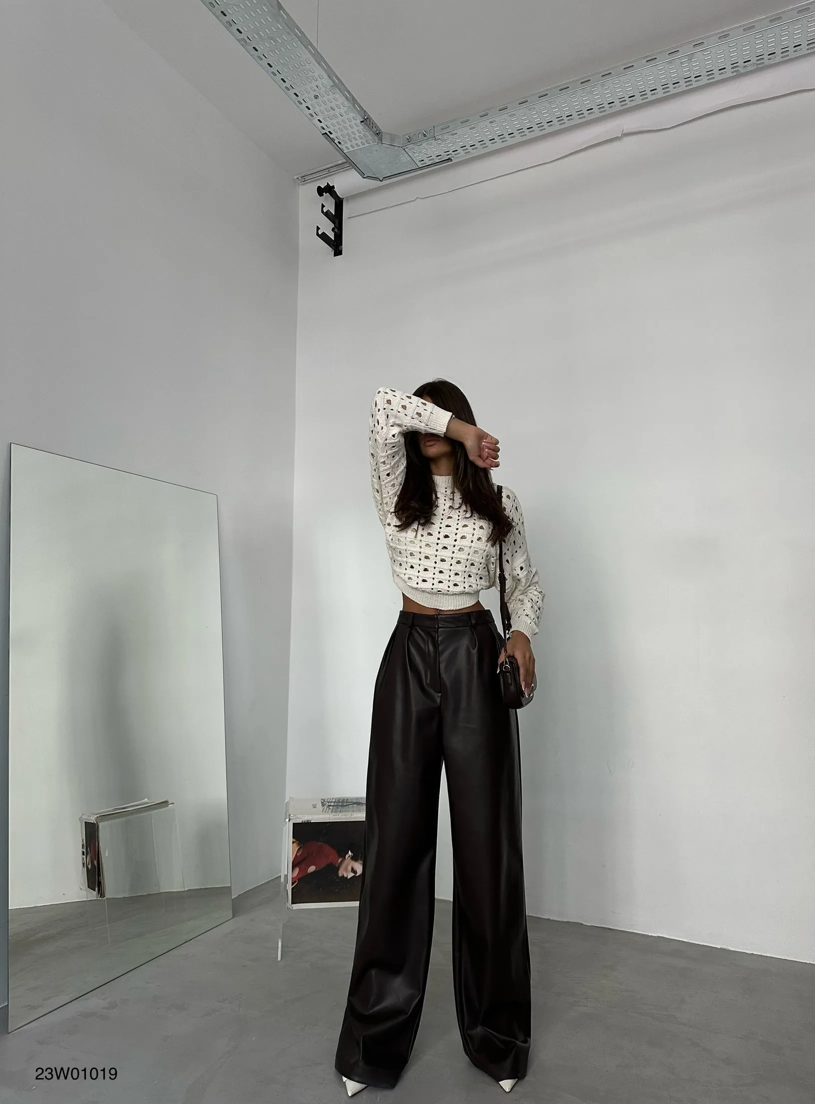 Pleated Wide Leg Leather Pants