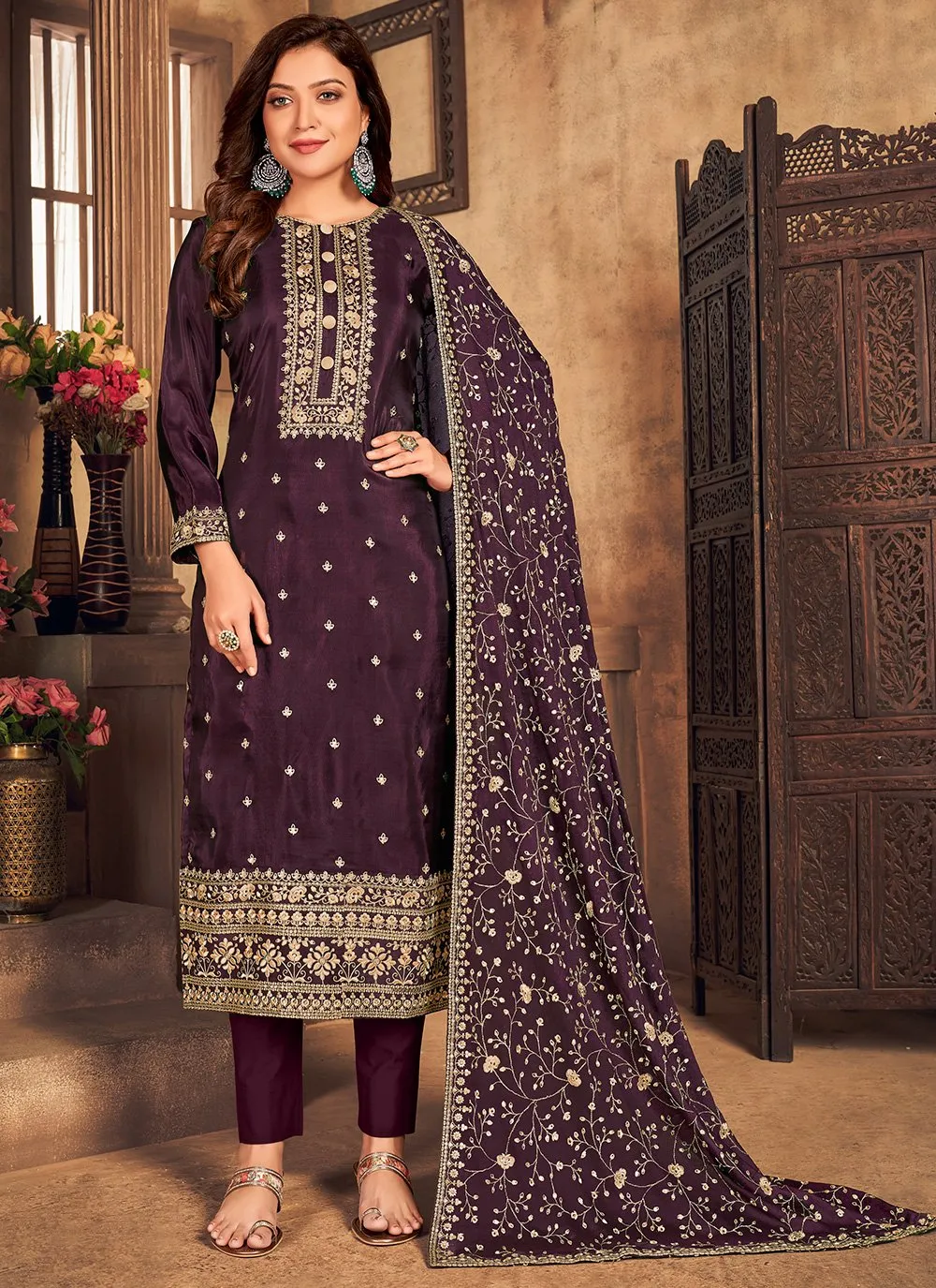 Plum Purple Viscose Embroidered Straight Pant Style Suit