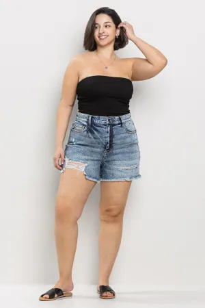 PLUS SIZE* HIGH RISE SHORTS WITH FRAY HEM AND DISTRESS / SP-S7325MD-PL