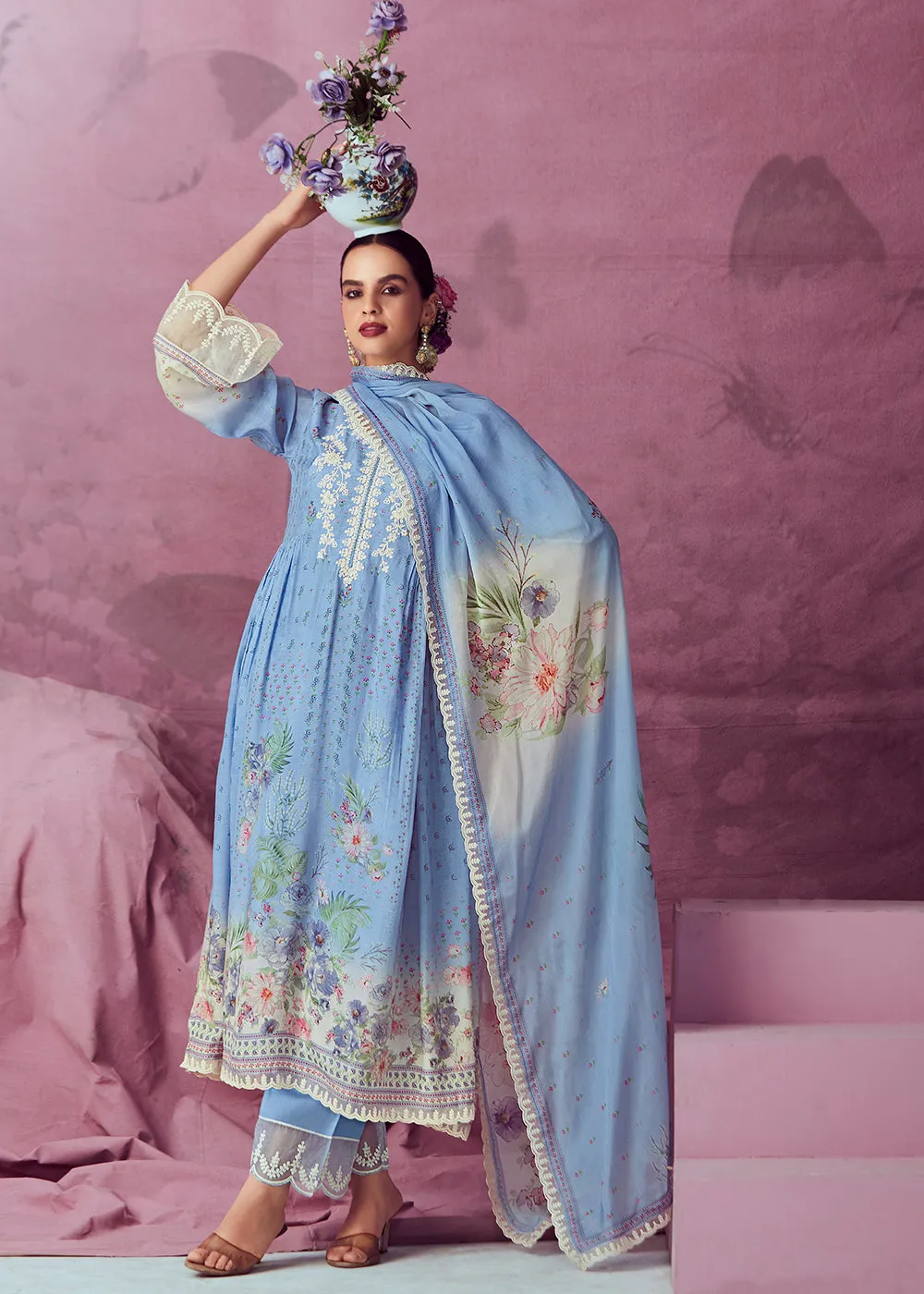 Pretty Blue Muslin Cotton Printed Trendy Salwar Kurta Set