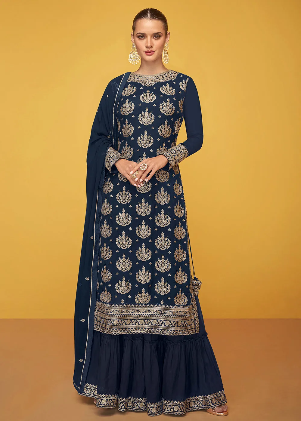 Pure Georgette Riveting Blue Designer Palazzo Suit