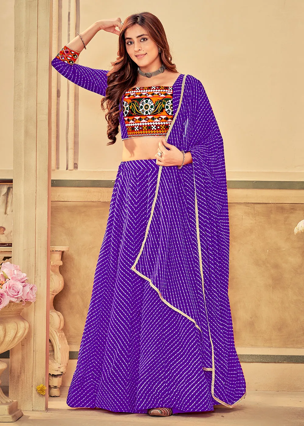 Purple Gamthi Work Georgette Navratri Special Chaniya Choli