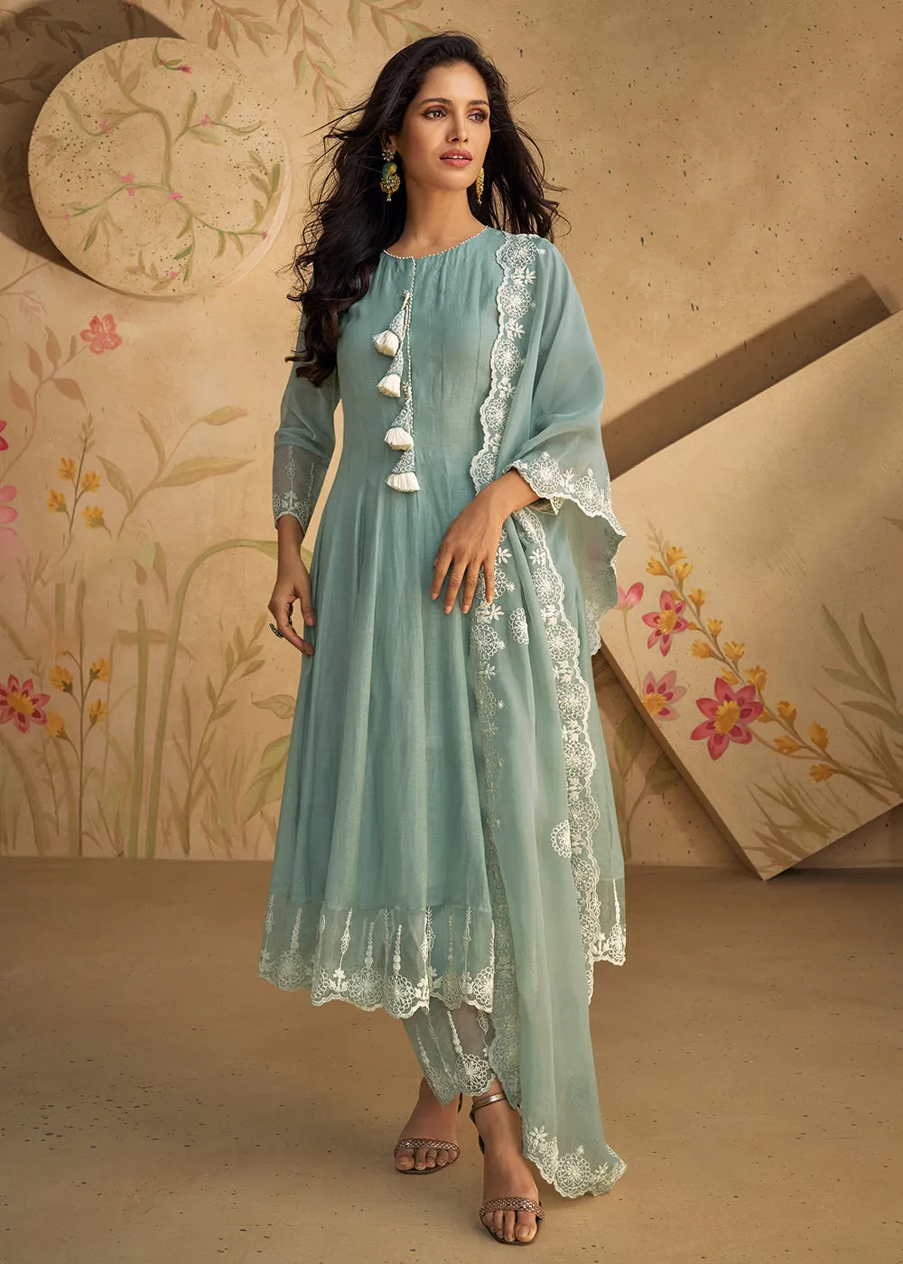 Real Silk Blue Anarkali Style Pant Salwar Suit